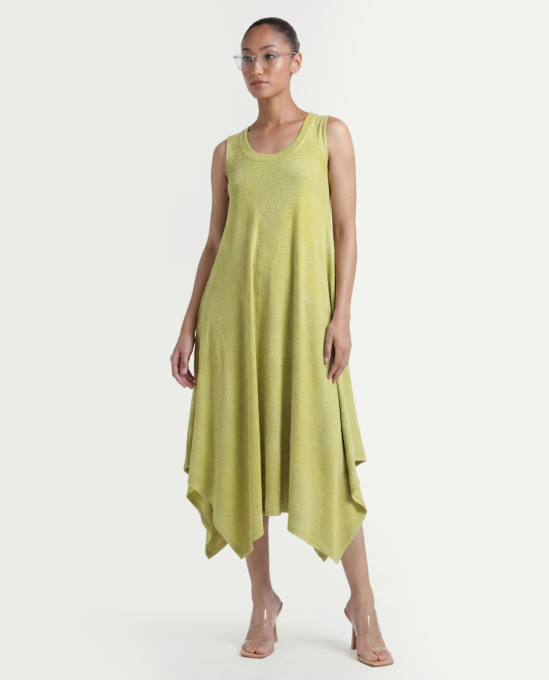 Rareism Women's Kisame Light Green Knit Jacquard Crew Neck Plain Sleeveless Midi Flared Dress