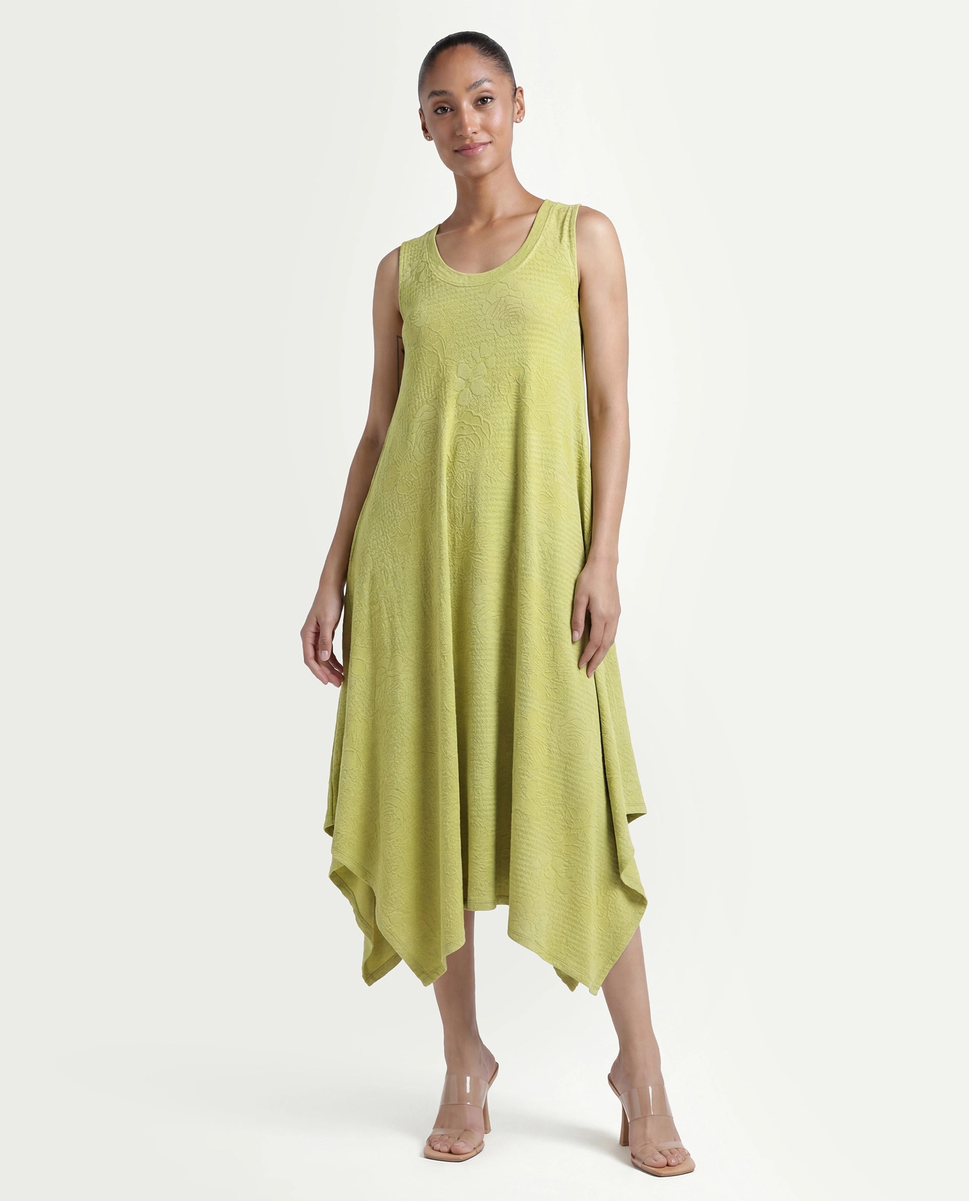 Rareism Women's Kisame Light Green Knit Jacquard Crew Neck Plain Sleeveless Midi Flared Dress