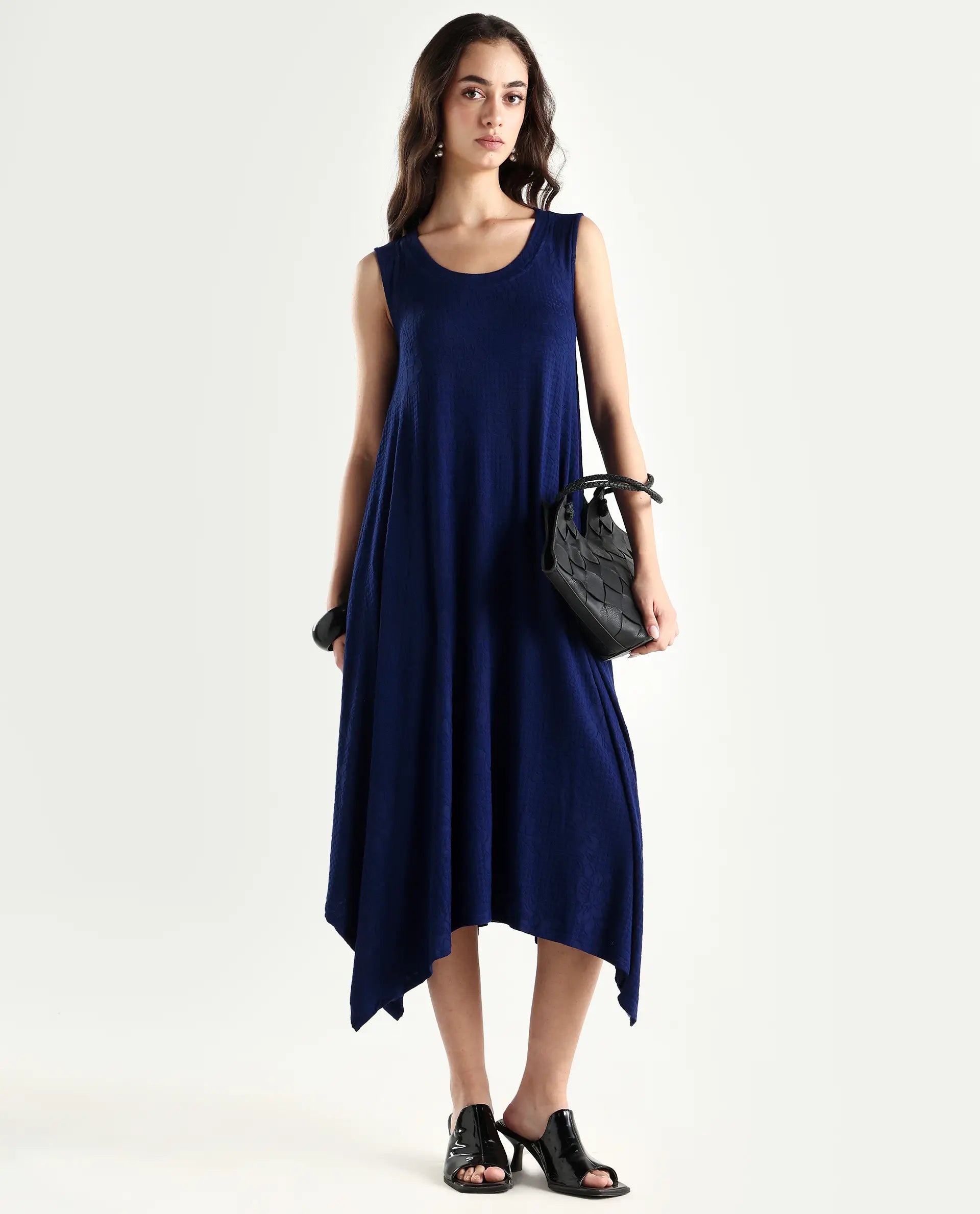 Rareism Women's Kisame Dark Blue Knit Jacquard Crew Neck Plain Sleeveless Midi Flared Dress