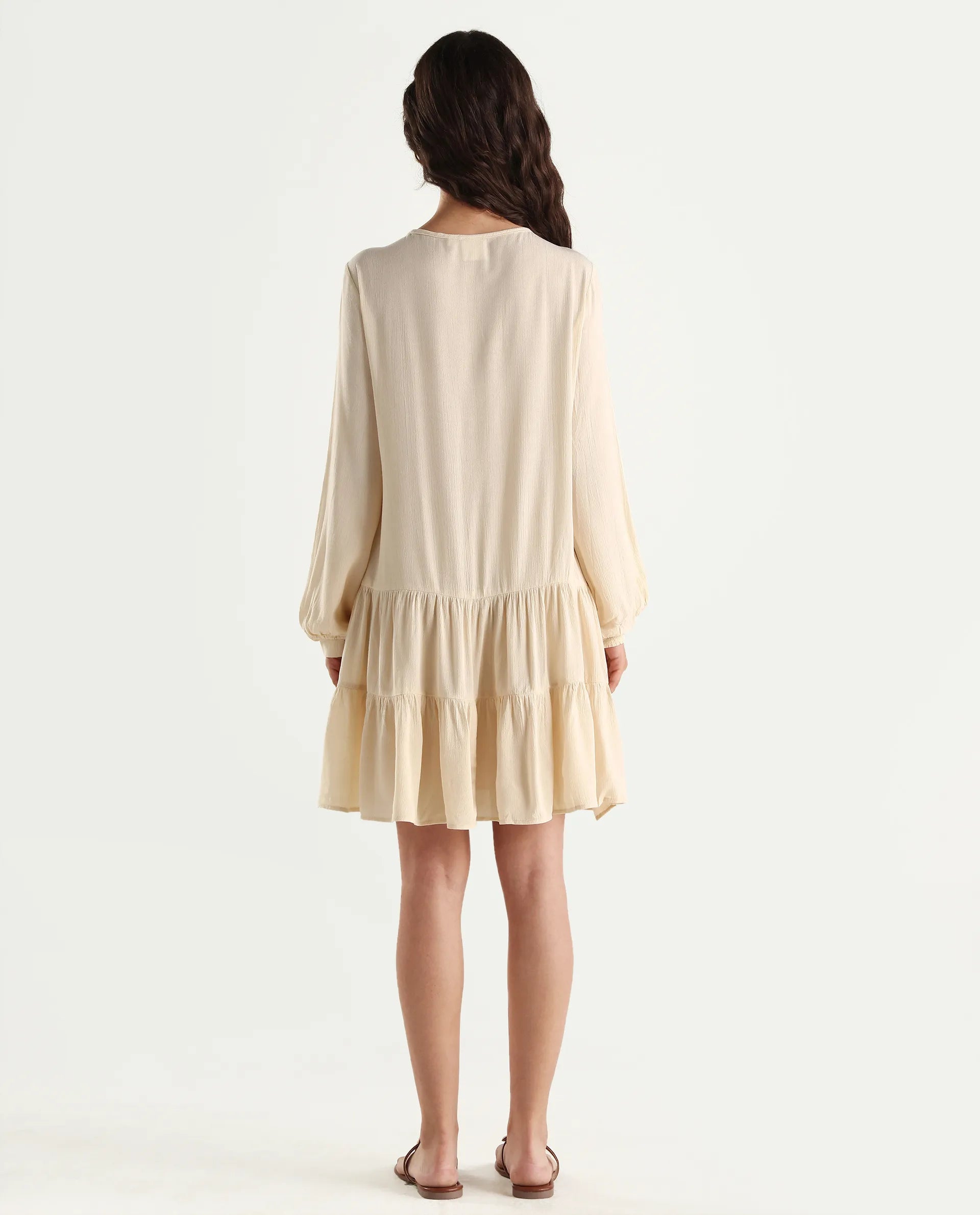 Rareism Women's Tijuana Dusky Off White Rayon Crew Neck Plain Bishop Sleeve Knee Length Relaxed Fit Dress