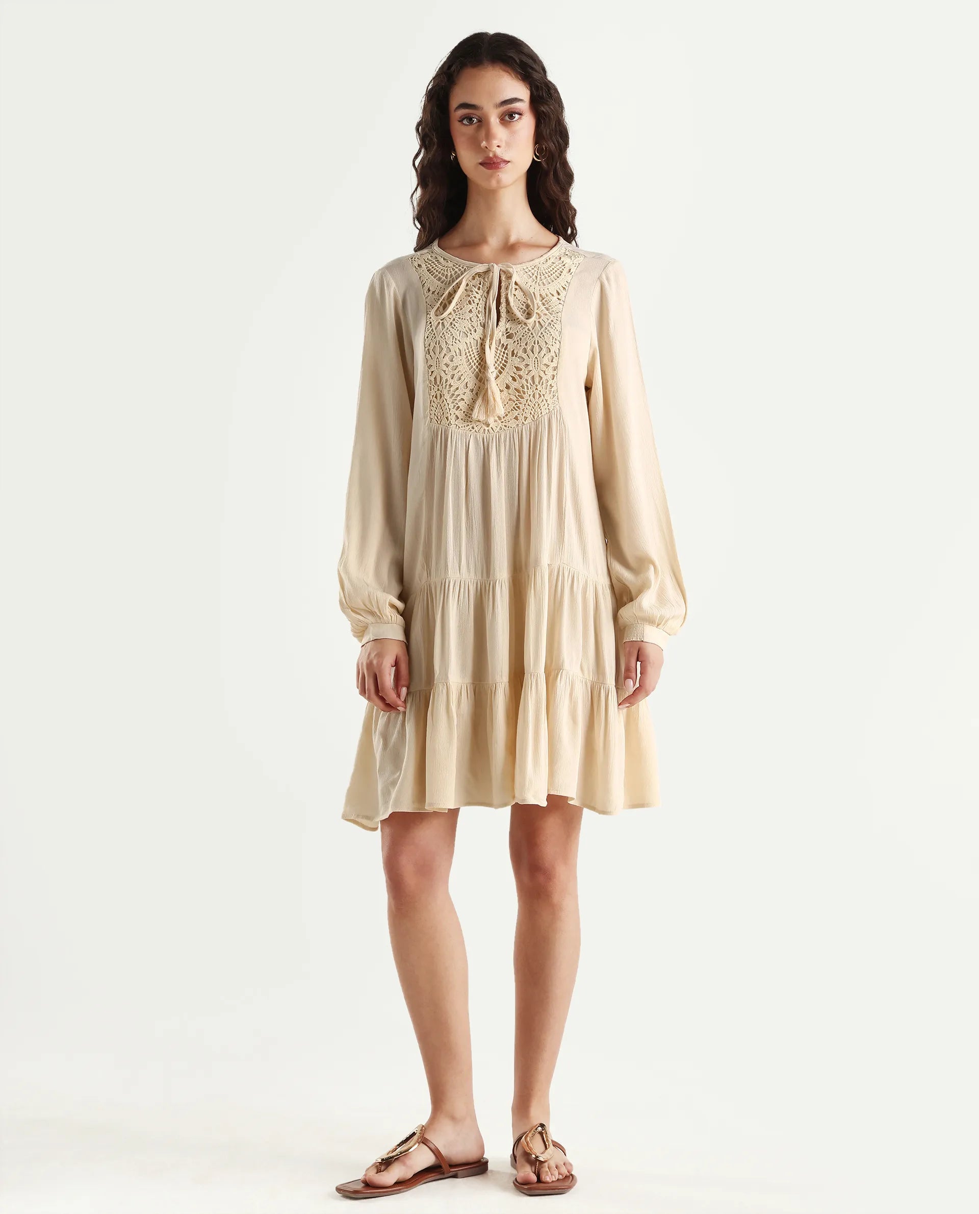 Rareism Women's Tijuana Dusky Off White Rayon Crew Neck Plain Bishop Sleeve Knee Length Relaxed Fit Dress