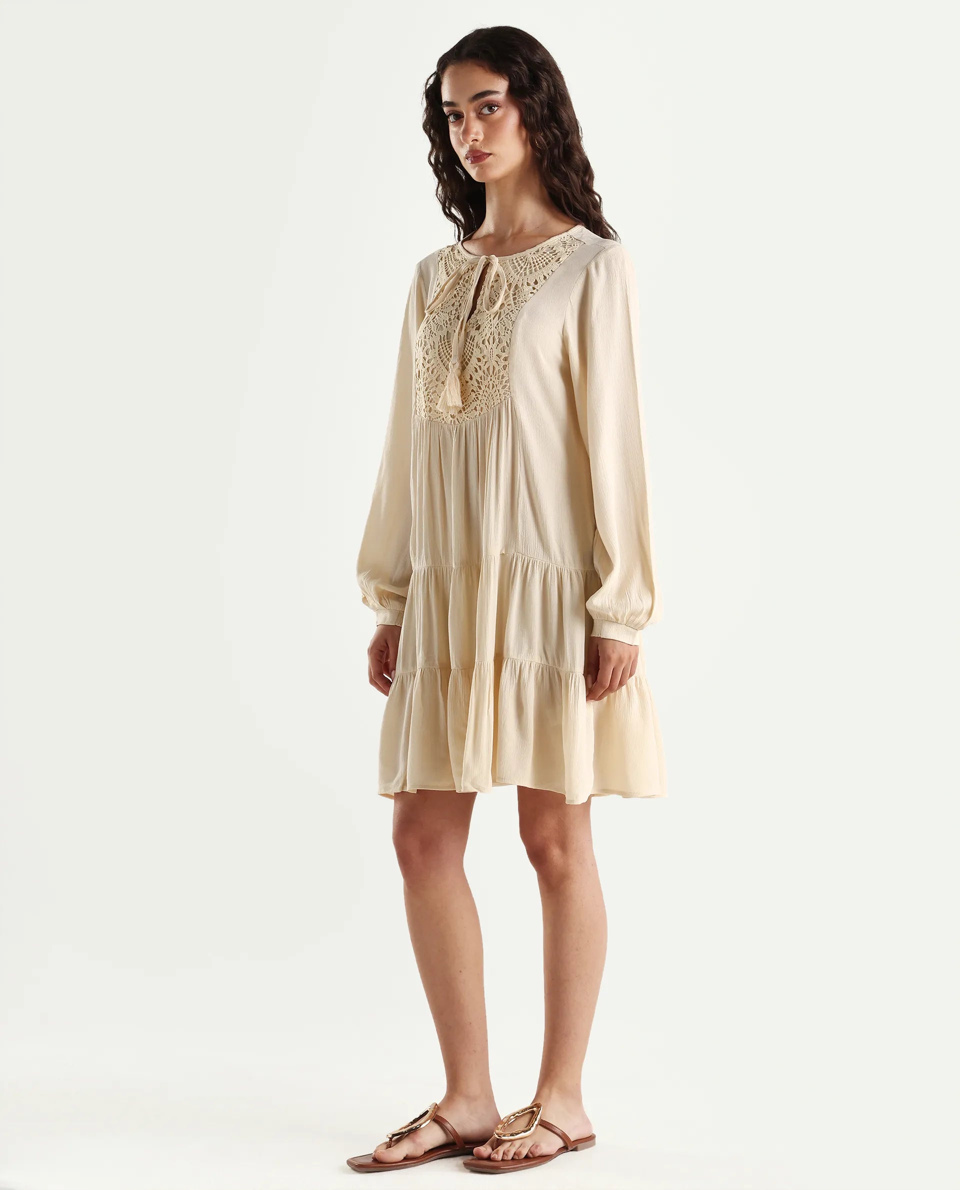 Rareism Women's Tijuana Dusky Off White Rayon Crew Neck Plain Bishop Sleeve Knee Length Relaxed Fit Dress