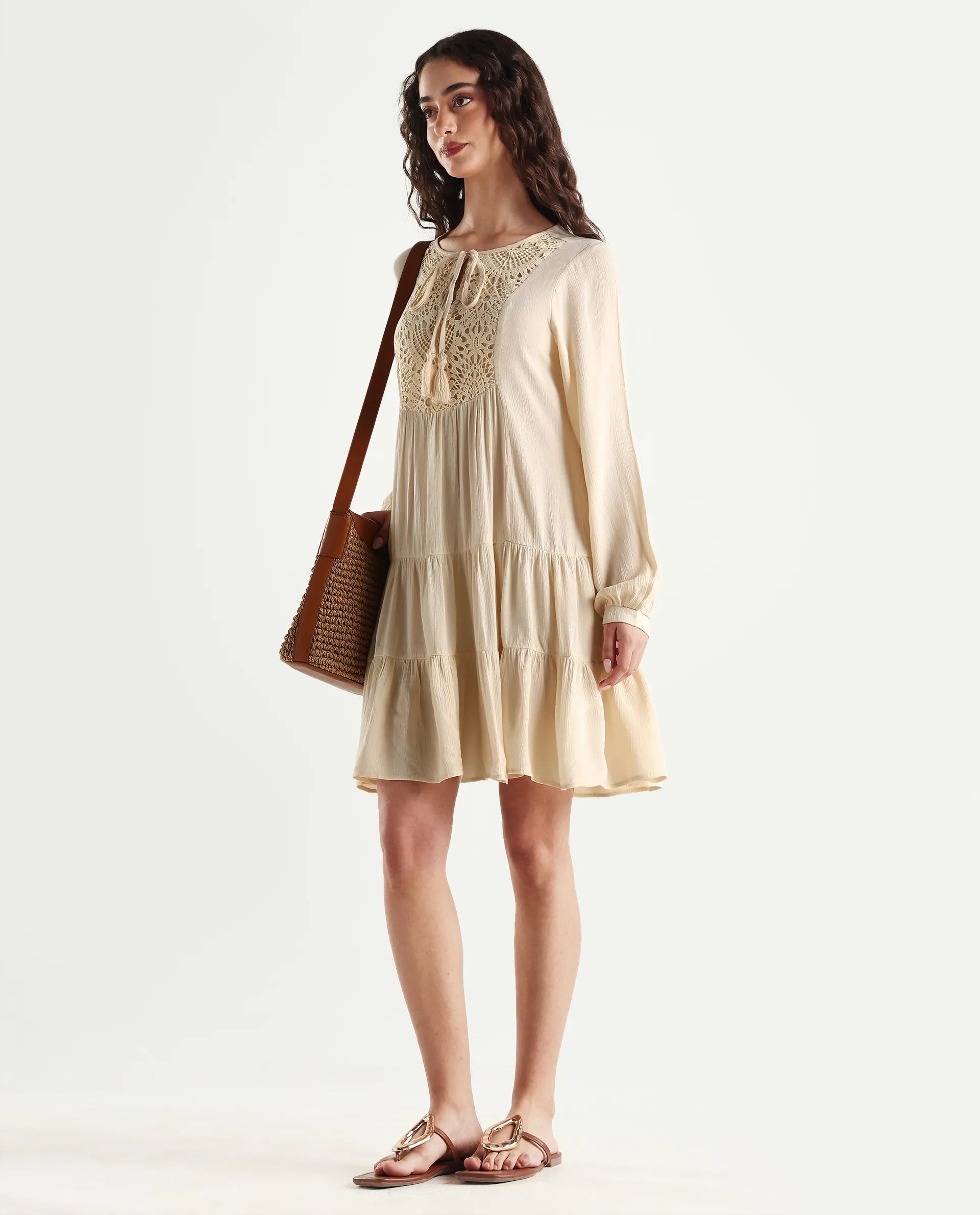 Rareism Women's Tijuana Dusky Off White Rayon Crew Neck Plain Bishop Sleeve Knee Length Relaxed Fit Dress