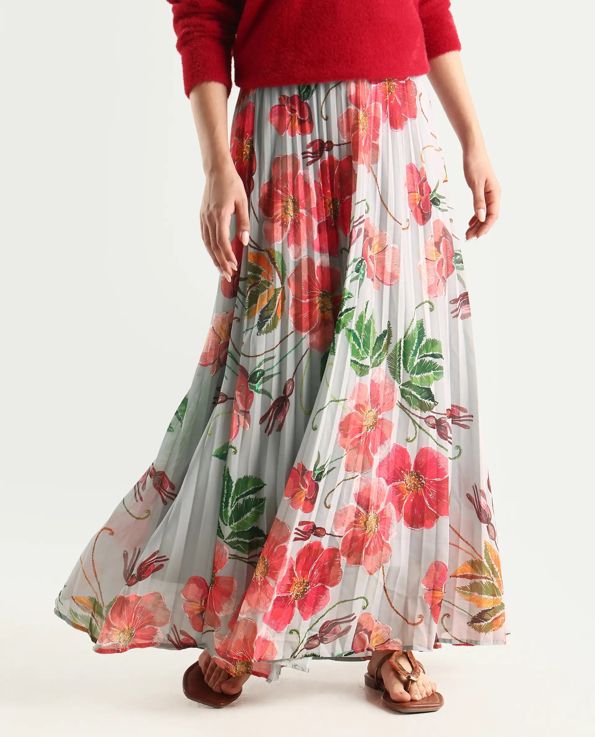 Rareism Women's Rango Multi Polyester Floral Print Maxi Flared Skirt