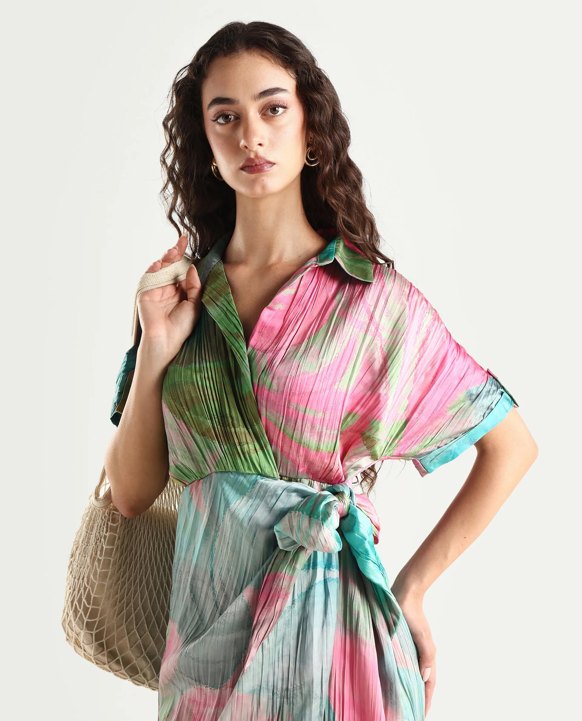 Rareism Women's Chiapas Dusky Multi Polyester Drop Collar Abstract Print Extended Sleeves Maxi Straight Fit Dress