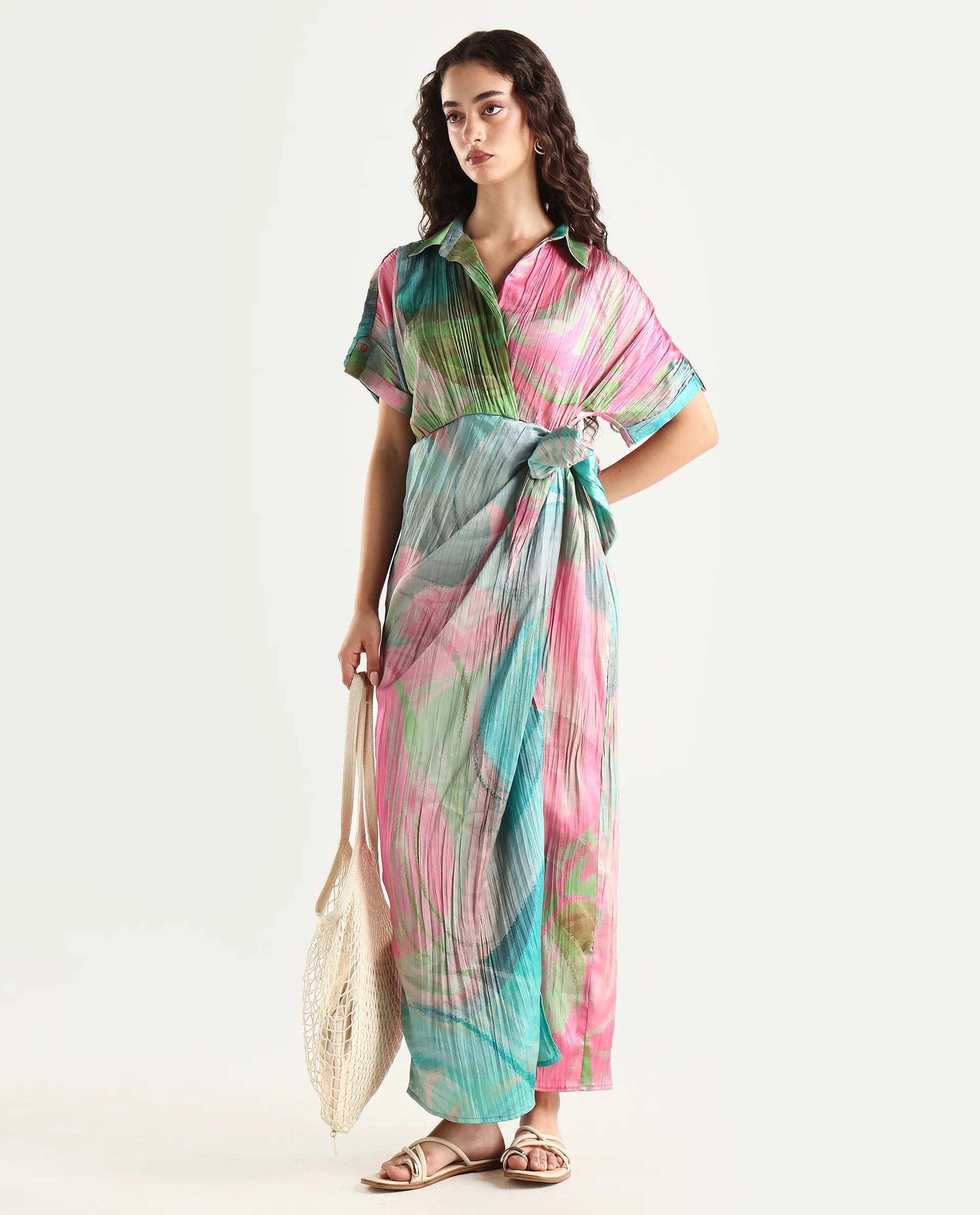 Rareism Women's Chiapas Dusky Multi Polyester Drop Collar Abstract Print Extended Sleeves Maxi Straight Fit Dress