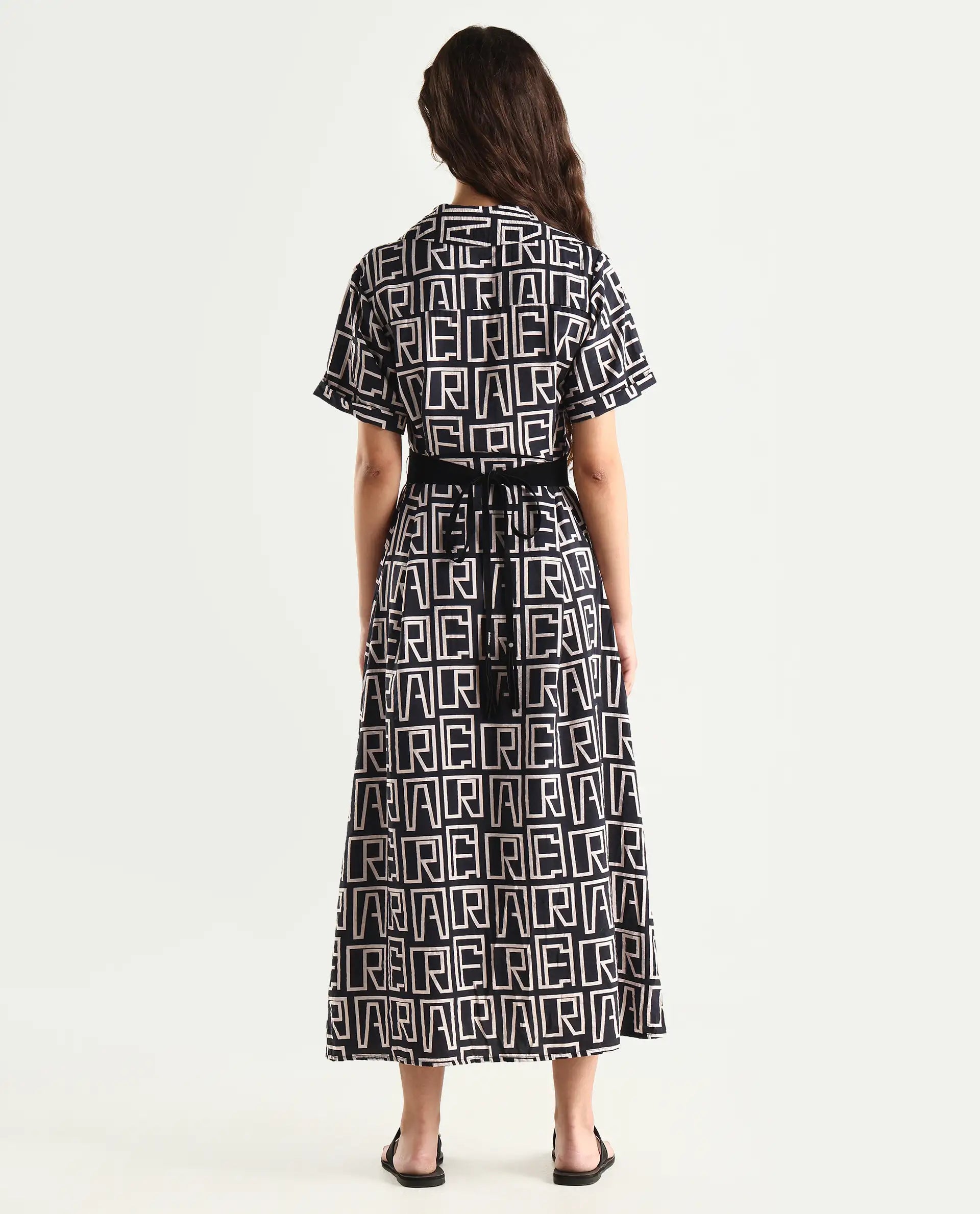 Rareism Women's Onia Black Nylon Blend Drop Collar Monogram Print Maxi Regular Fit Dress