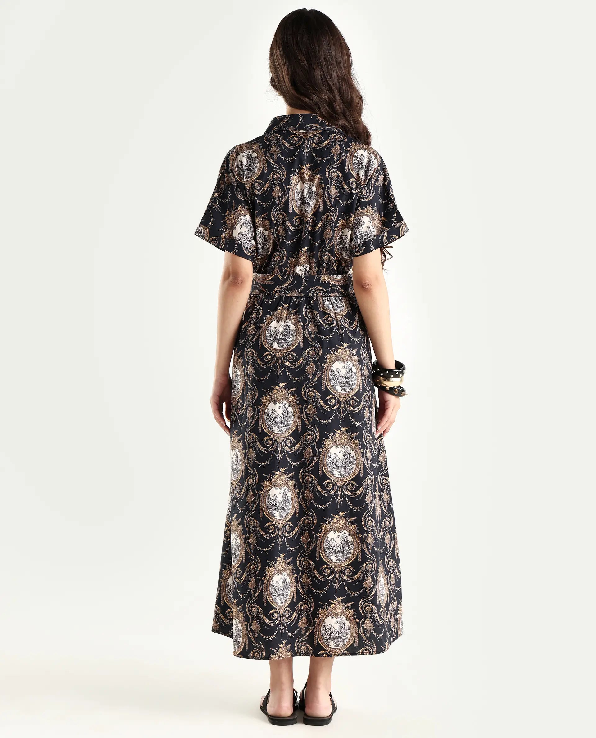 Rareism Women's Ivnat Black Cotton Drop Collar Ornamental Print Maxi Fit And Flare Dress