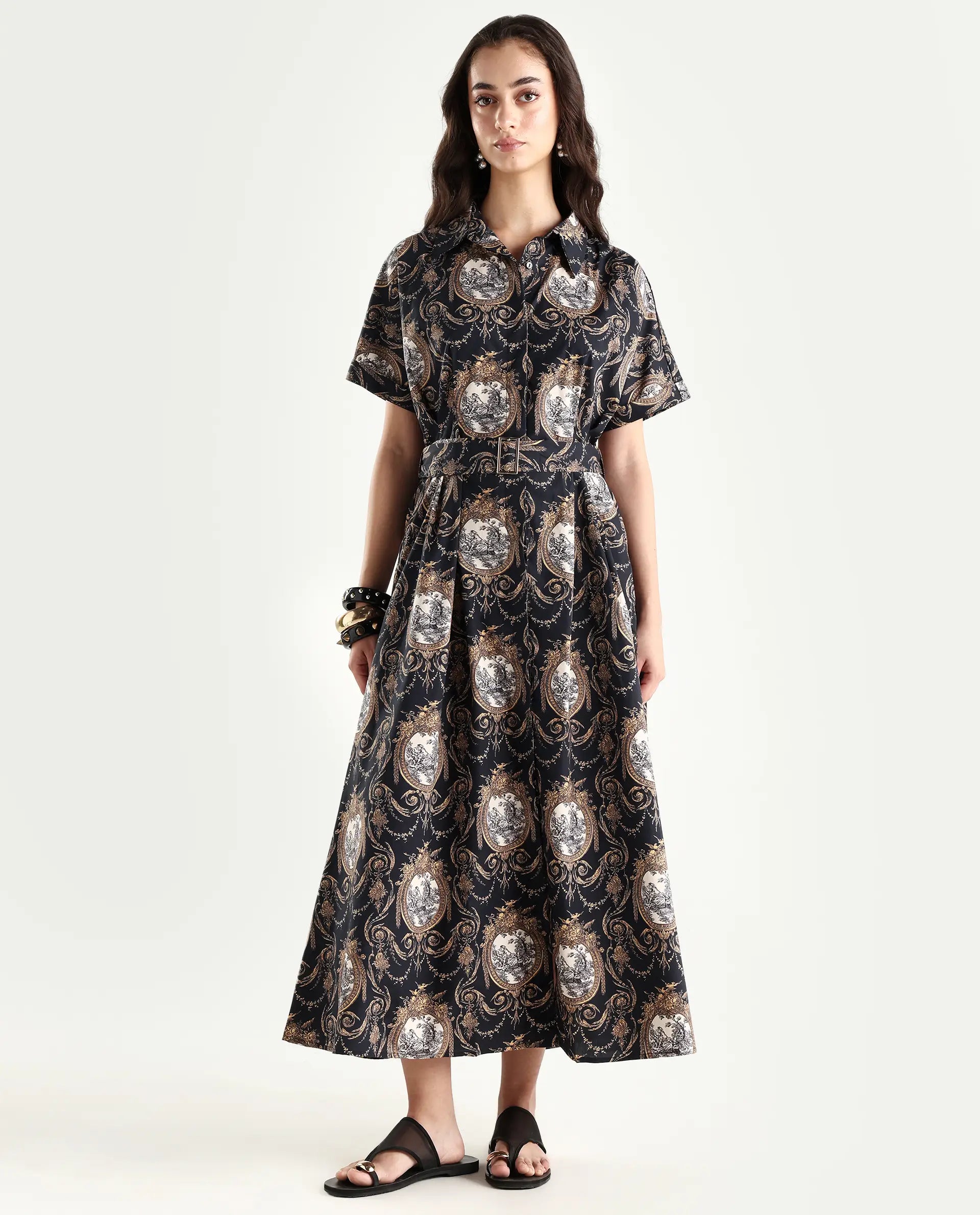 Rareism Women's Ivnat Black Cotton Drop Collar Ornamental Print Maxi Fit And Flare Dress