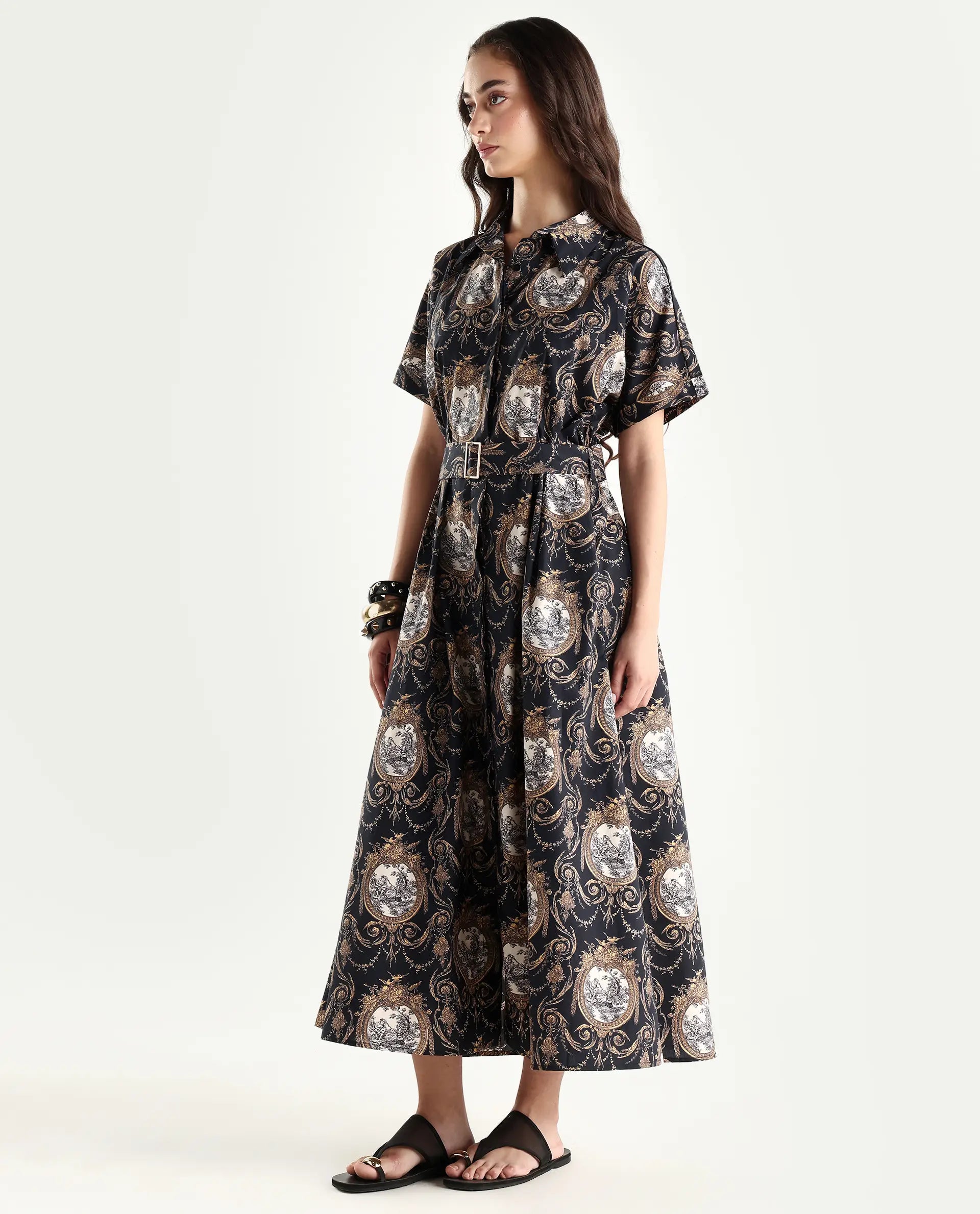 Rareism Women's Ivnat Black Cotton Drop Collar Ornamental Print Maxi Fit And Flare Dress