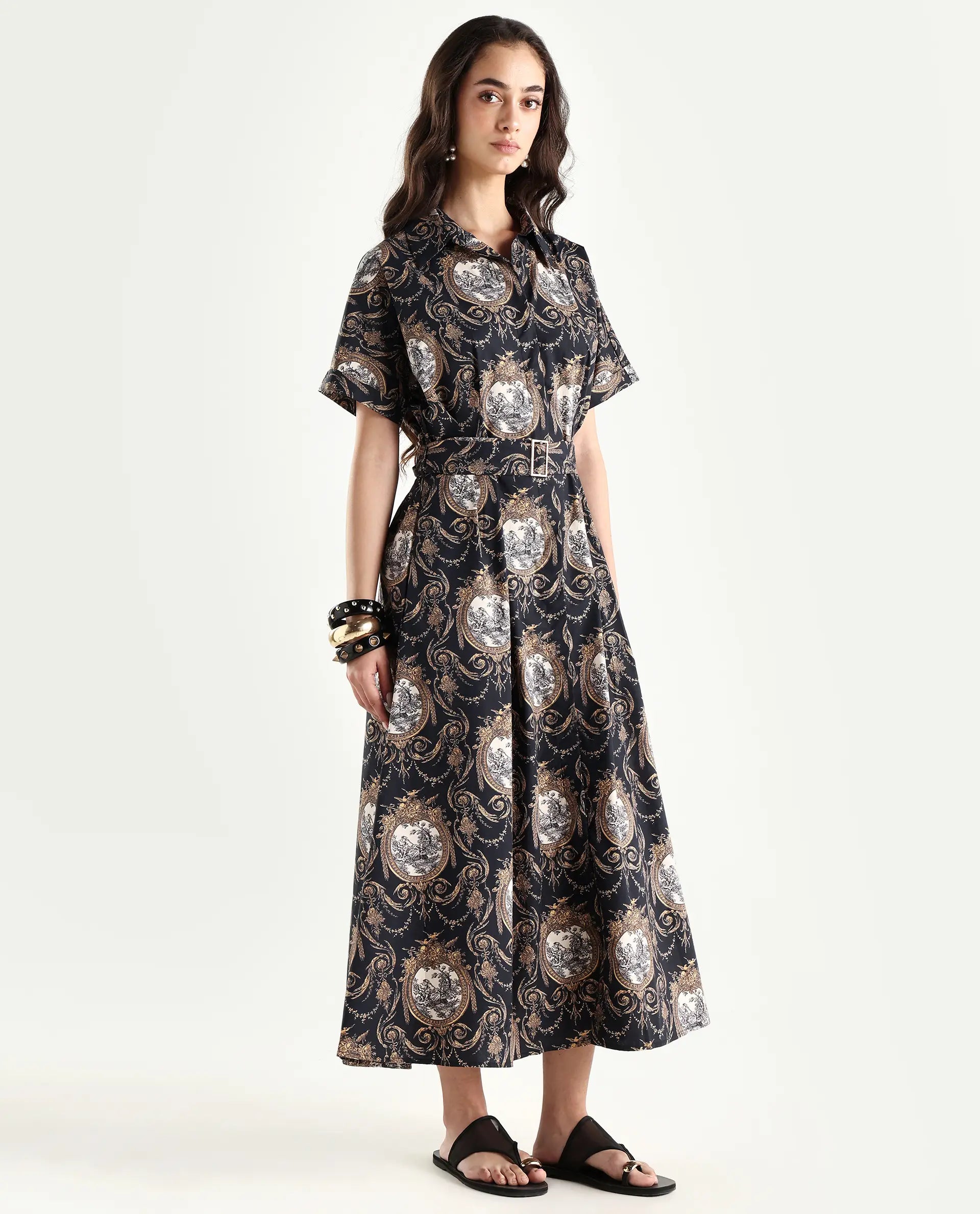 Rareism Women's Ivnat Black Cotton Drop Collar Ornamental Print Maxi Fit And Flare Dress