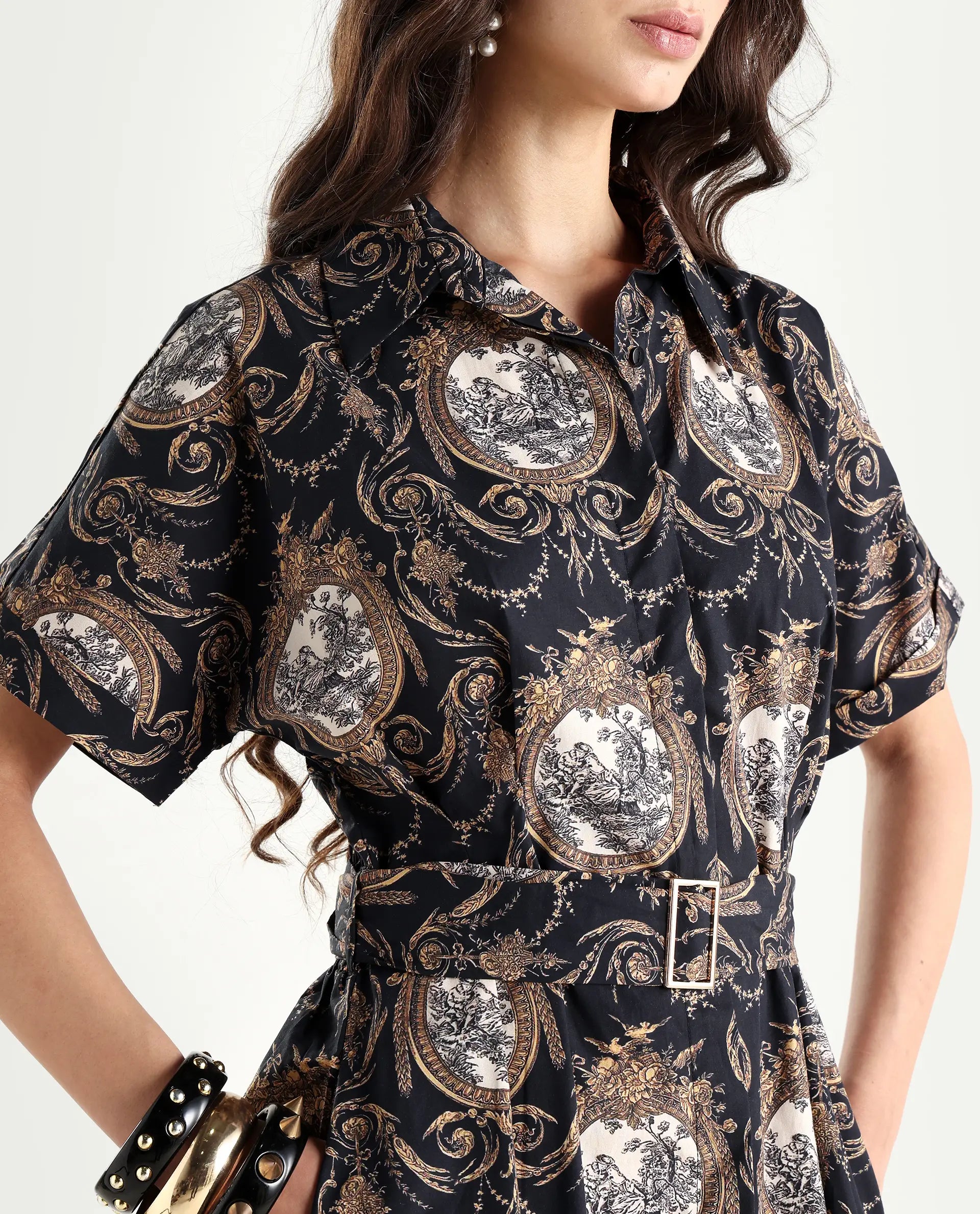 Rareism Women's Ivnat Black Cotton Drop Collar Ornamental Print Maxi Fit And Flare Dress