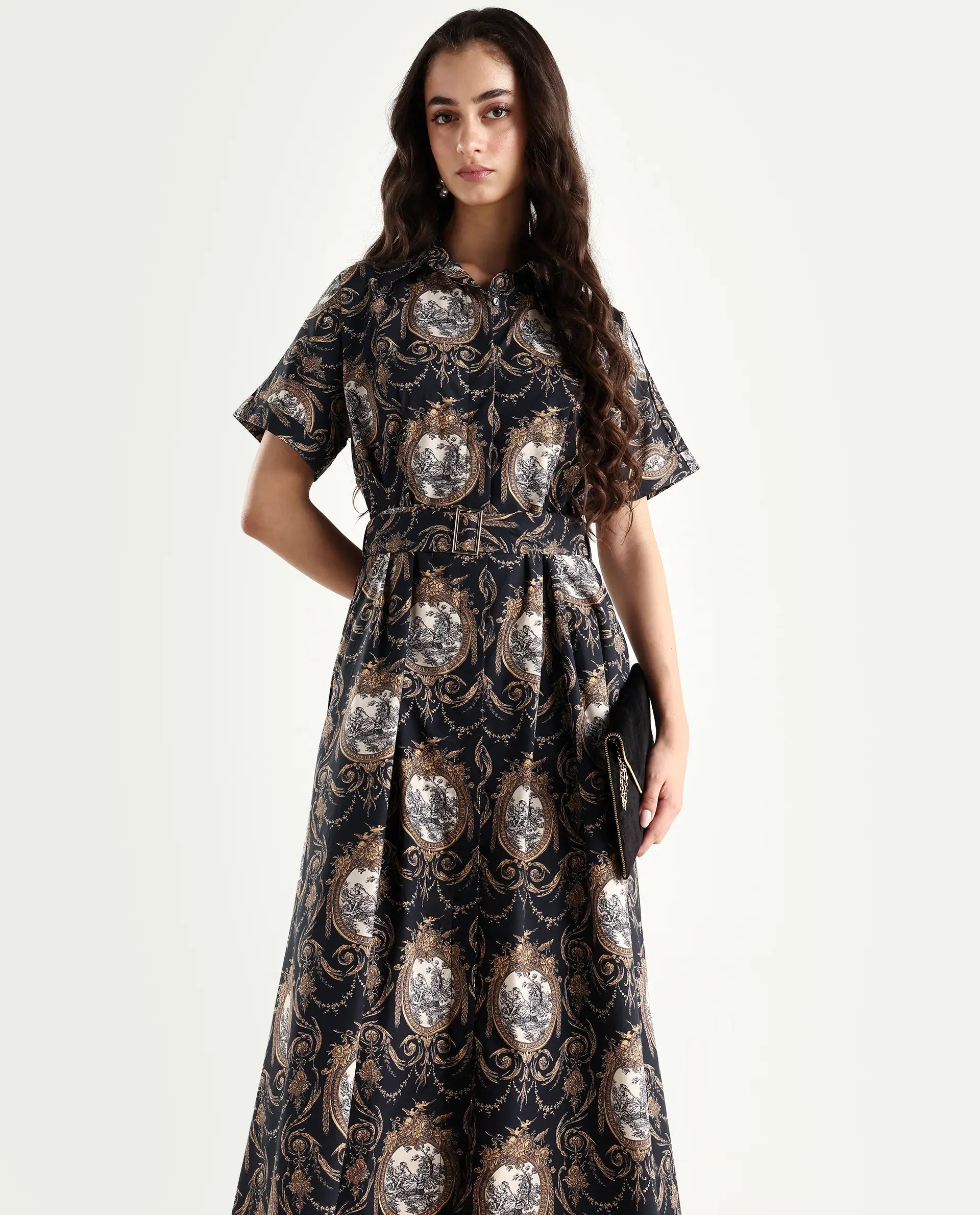 Rareism Women's Ivnat Black Cotton Drop Collar Ornamental Print Maxi Fit And Flare Dress
