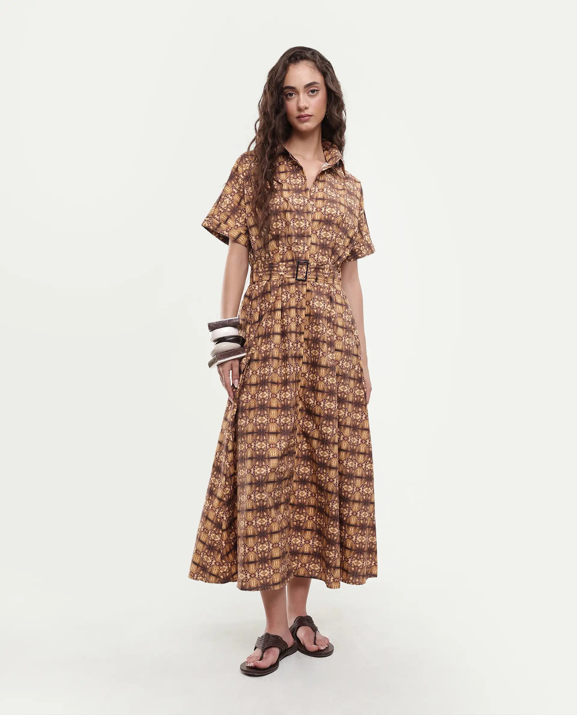 Rareism Women's Native Brown Cotton Blend Drop Collar Geometric Print Midi Fit And Flare Dress