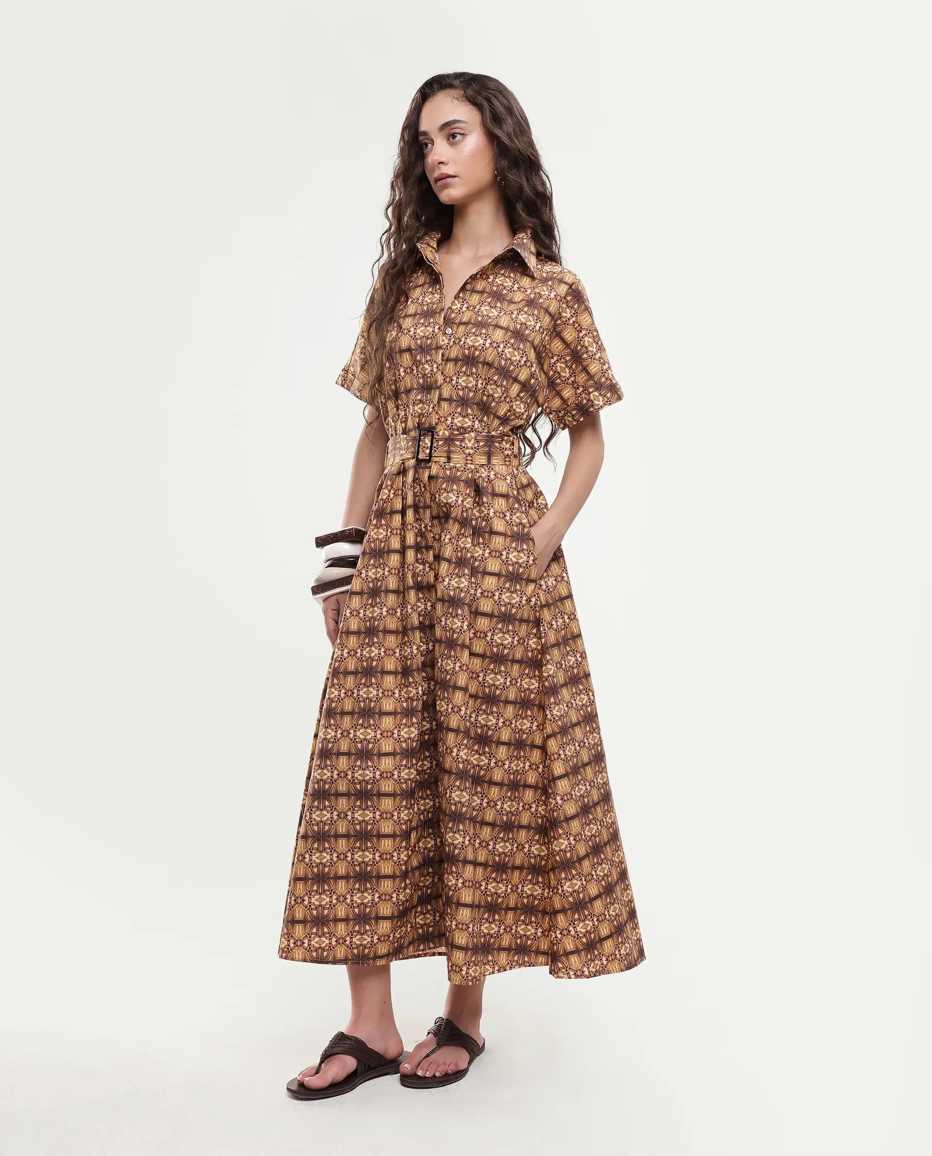 Rareism Women's Native Brown Cotton Blend Drop Collar Geometric Print Midi Fit And Flare Dress