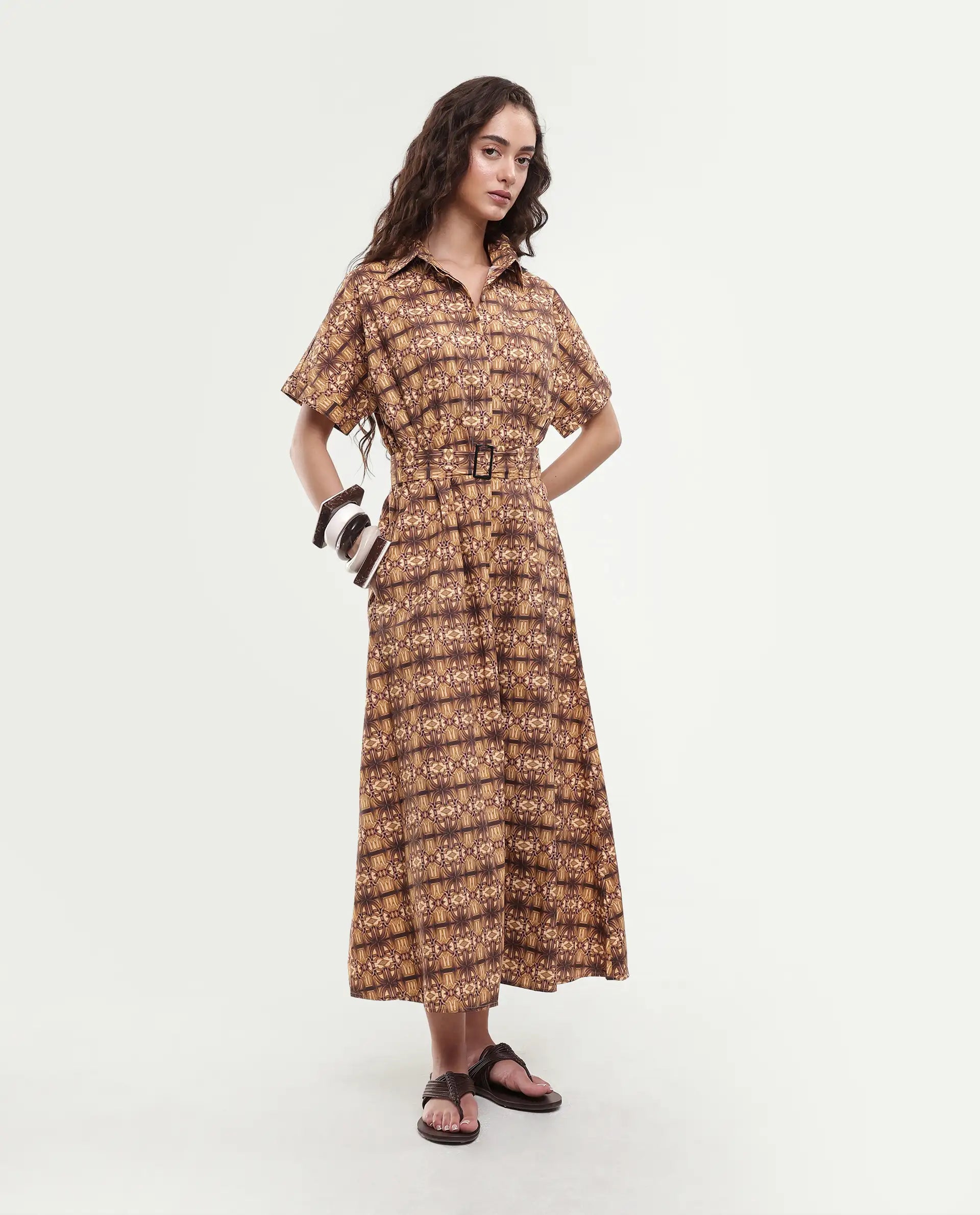 Rareism Women's Native Brown Cotton Blend Drop Collar Geometric Print Midi Fit And Flare Dress
