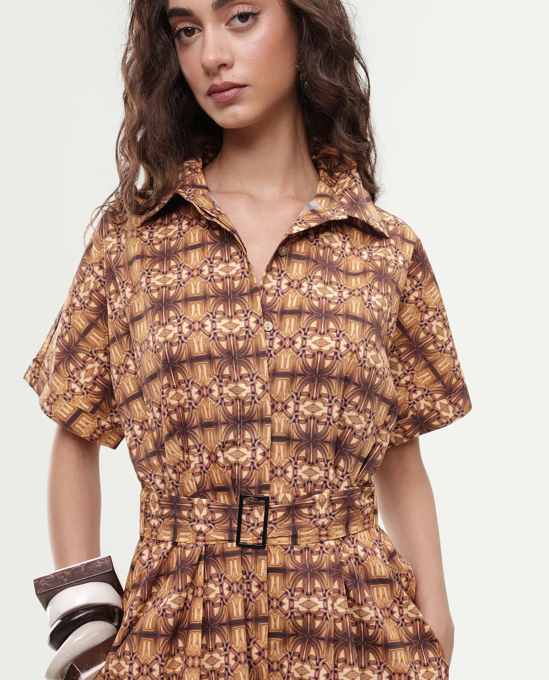 Rareism Women's Native Brown Cotton Blend Drop Collar Geometric Print Midi Fit And Flare Dress
