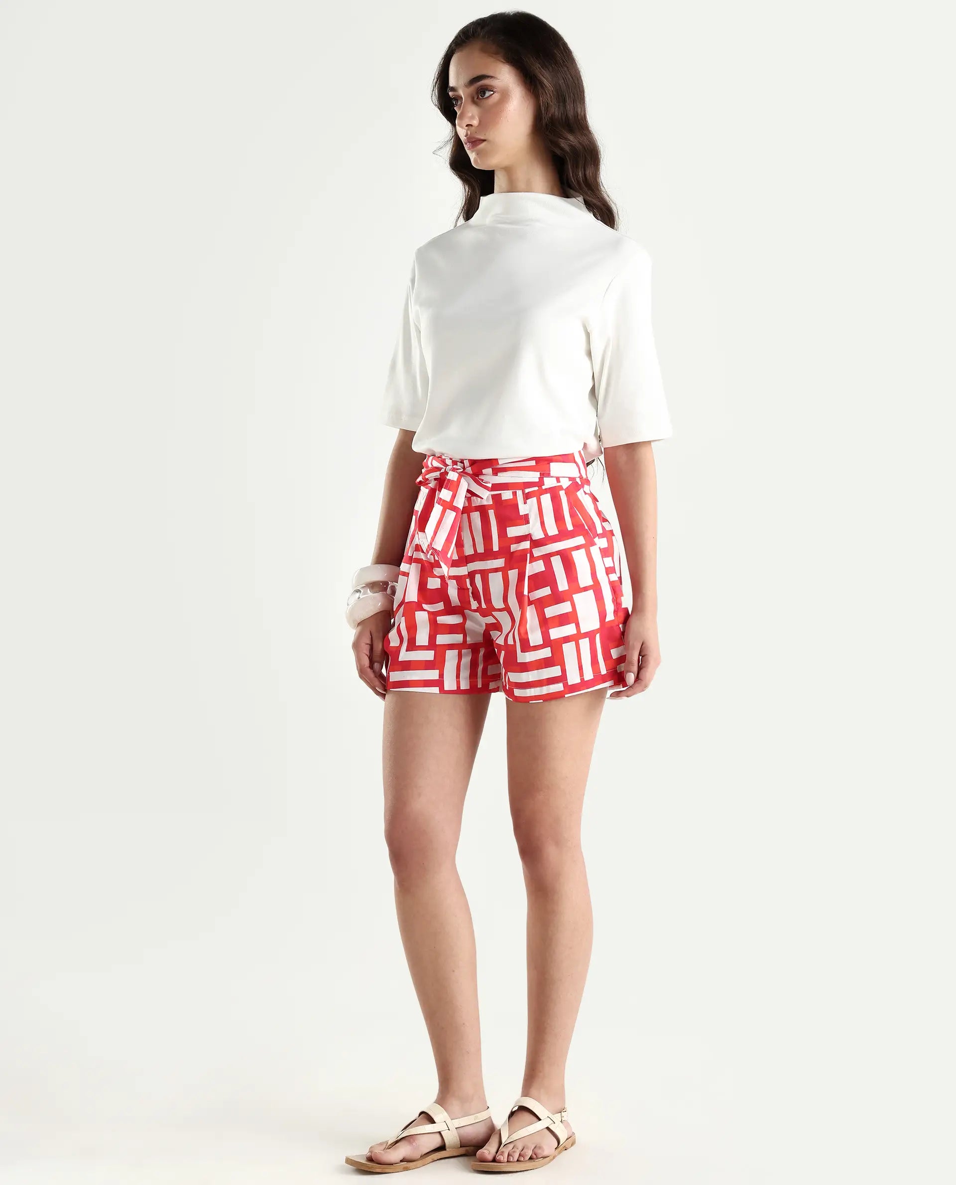 Rareism Women's Taranto Red Cotton Blend Geometric Print Mini Regular Fit Shorts