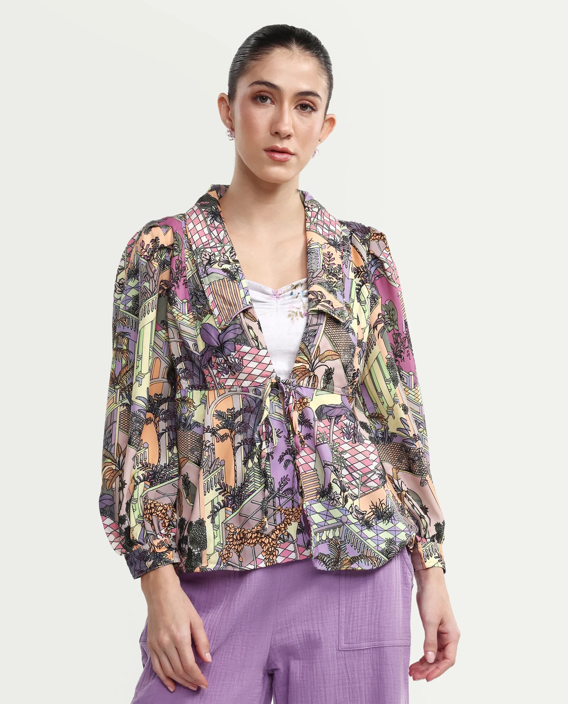 Rareism Women's Stevie-T Light Multi Polyester Lapel Neck Abstract Print Cuffed Sleeve Regular Fit Top