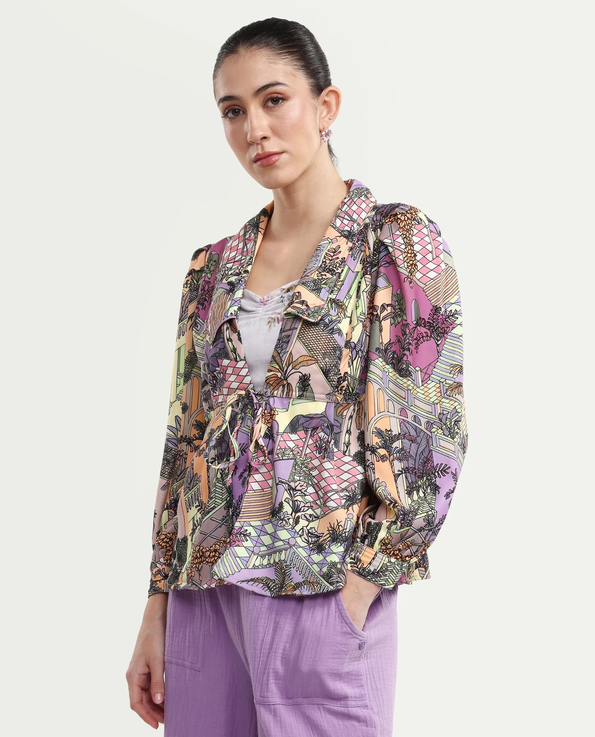 Rareism Women's Stevie-T Light Multi Polyester Lapel Neck Abstract Print Cuffed Sleeve Regular Fit Top