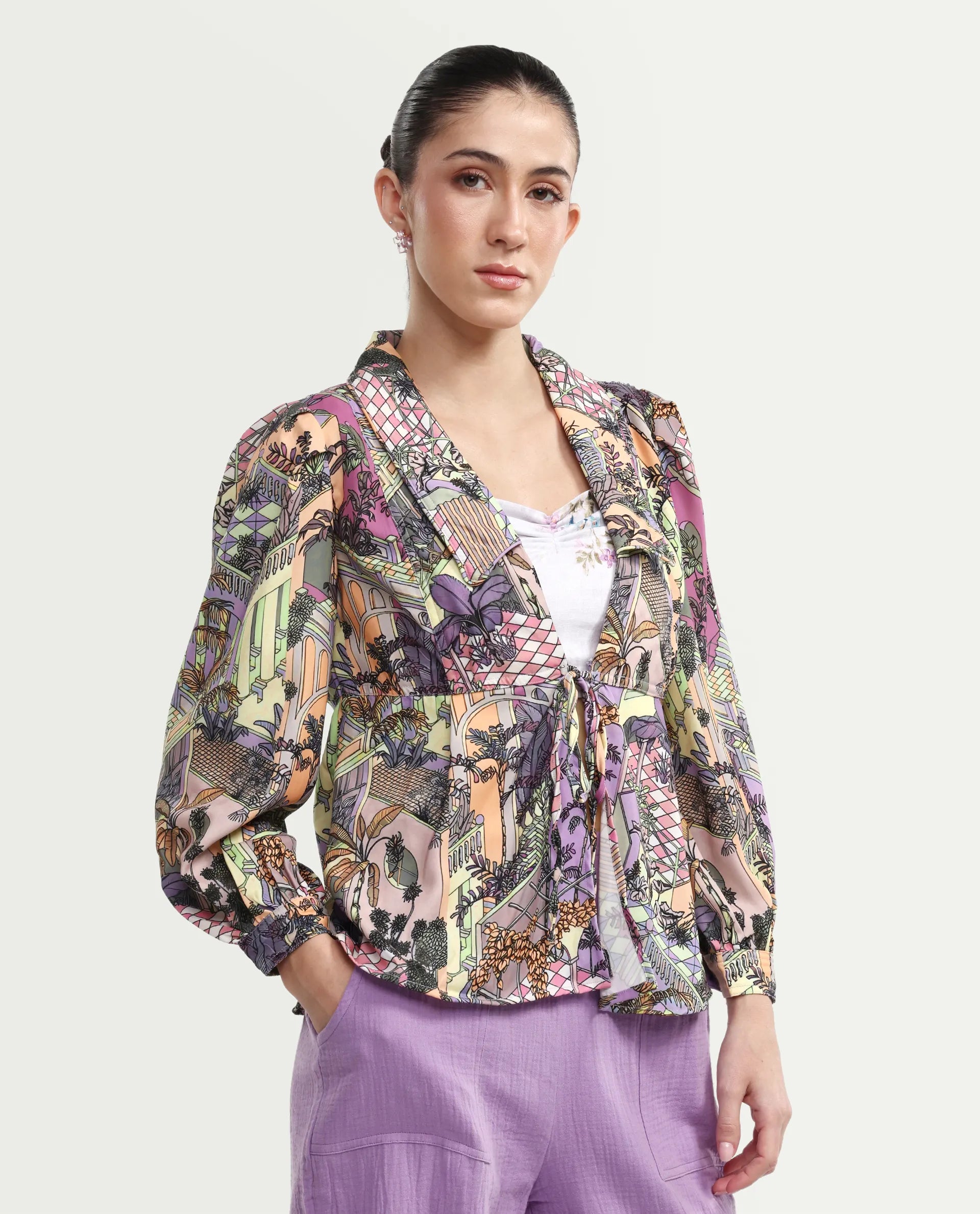 Rareism Women's Stevie-T Light Multi Polyester Lapel Neck Abstract Print Cuffed Sleeve Regular Fit Top