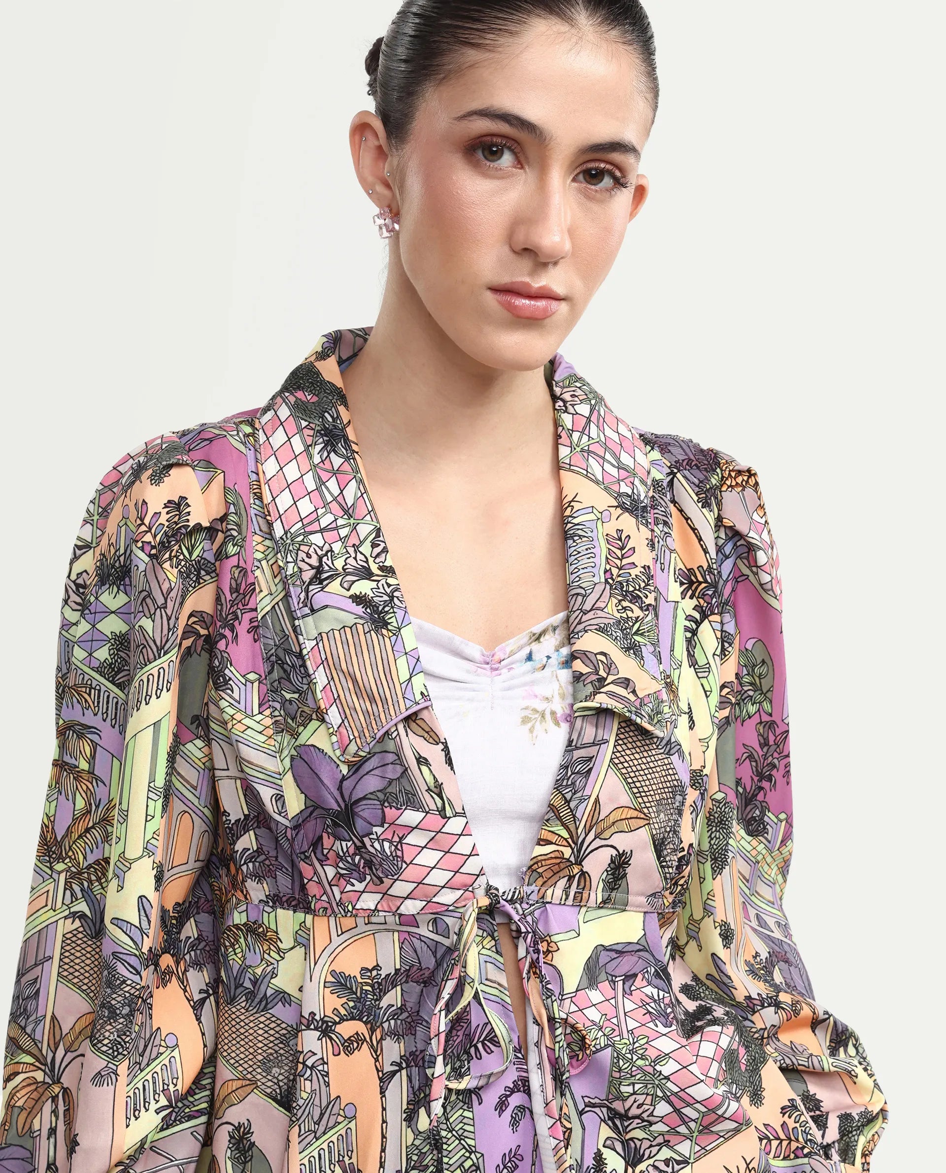 Rareism Women's Stevie-T Light Multi Polyester Lapel Neck Abstract Print Cuffed Sleeve Regular Fit Top