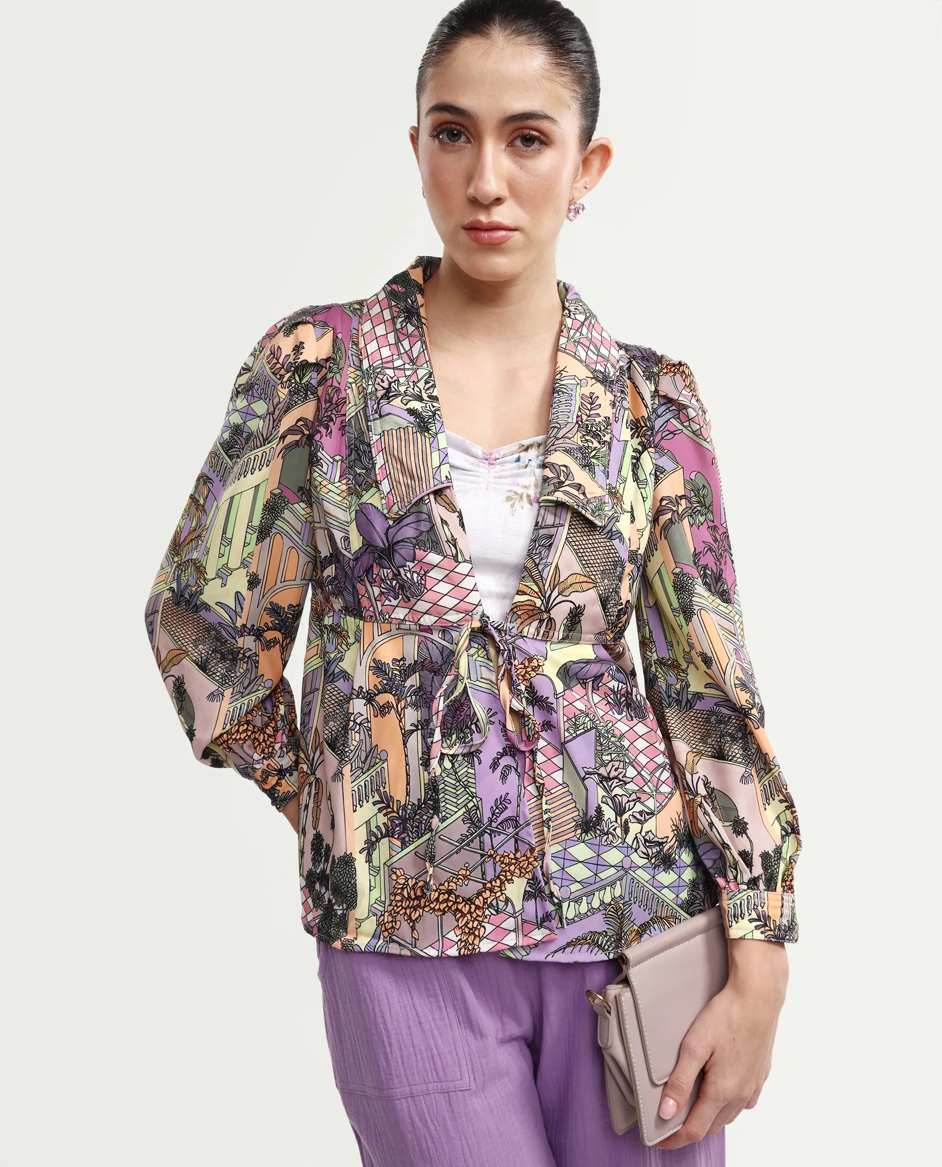 Rareism Women's Stevie-T Light Multi Polyester Lapel Neck Abstract Print Cuffed Sleeve Regular Fit Top