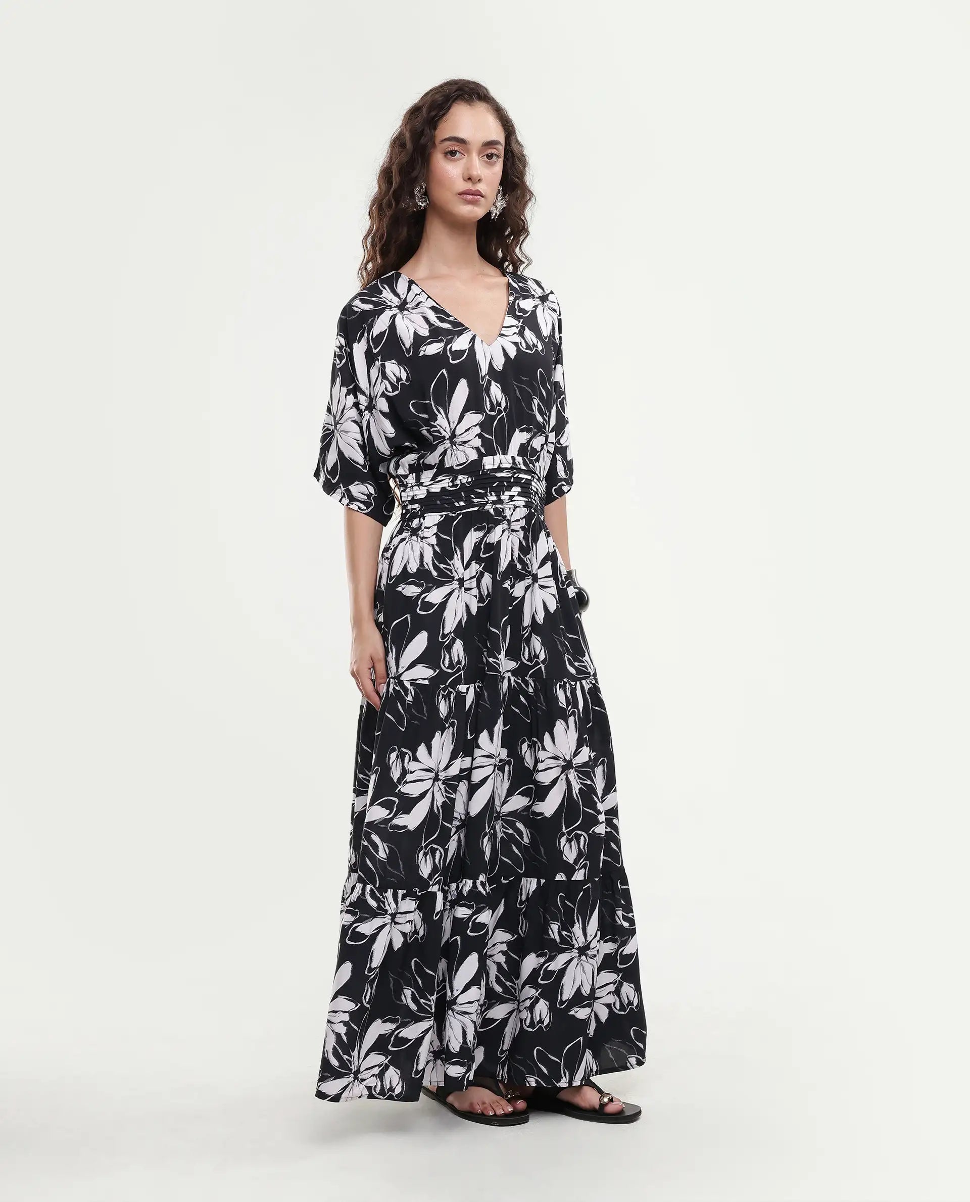 Rareism Women's Tuzio Black Viscose V-Neck Floral Print Extended Sleeves Maxi Fit And Flare Dress