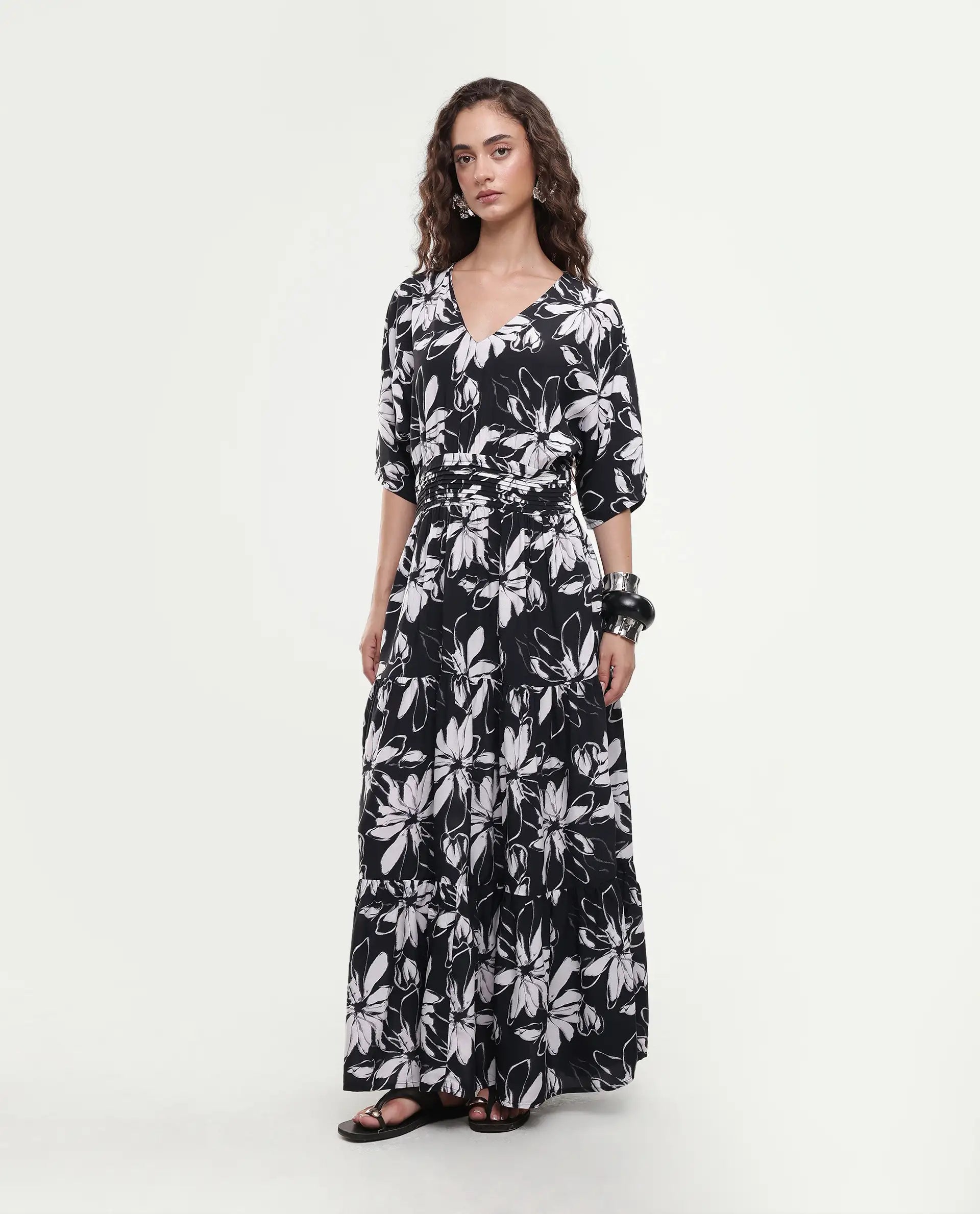 Rareism Women's Tuzio Black Viscose V-Neck Floral Print Extended Sleeves Maxi Fit And Flare Dress