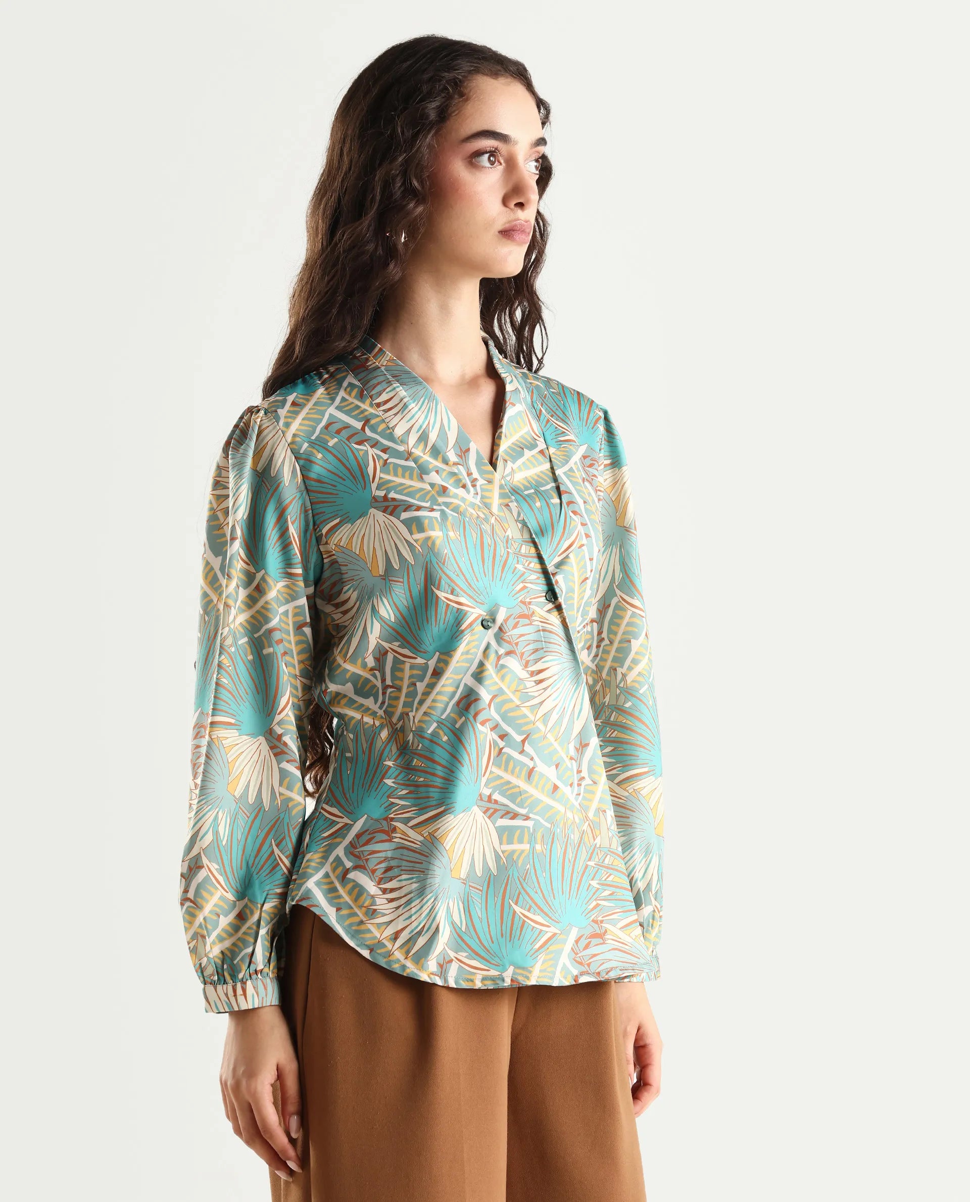 Rareism Women's Alici Blue Nylon Blend Overlap Neck Abstract Print Bishop Sleeve Regular Fit Top