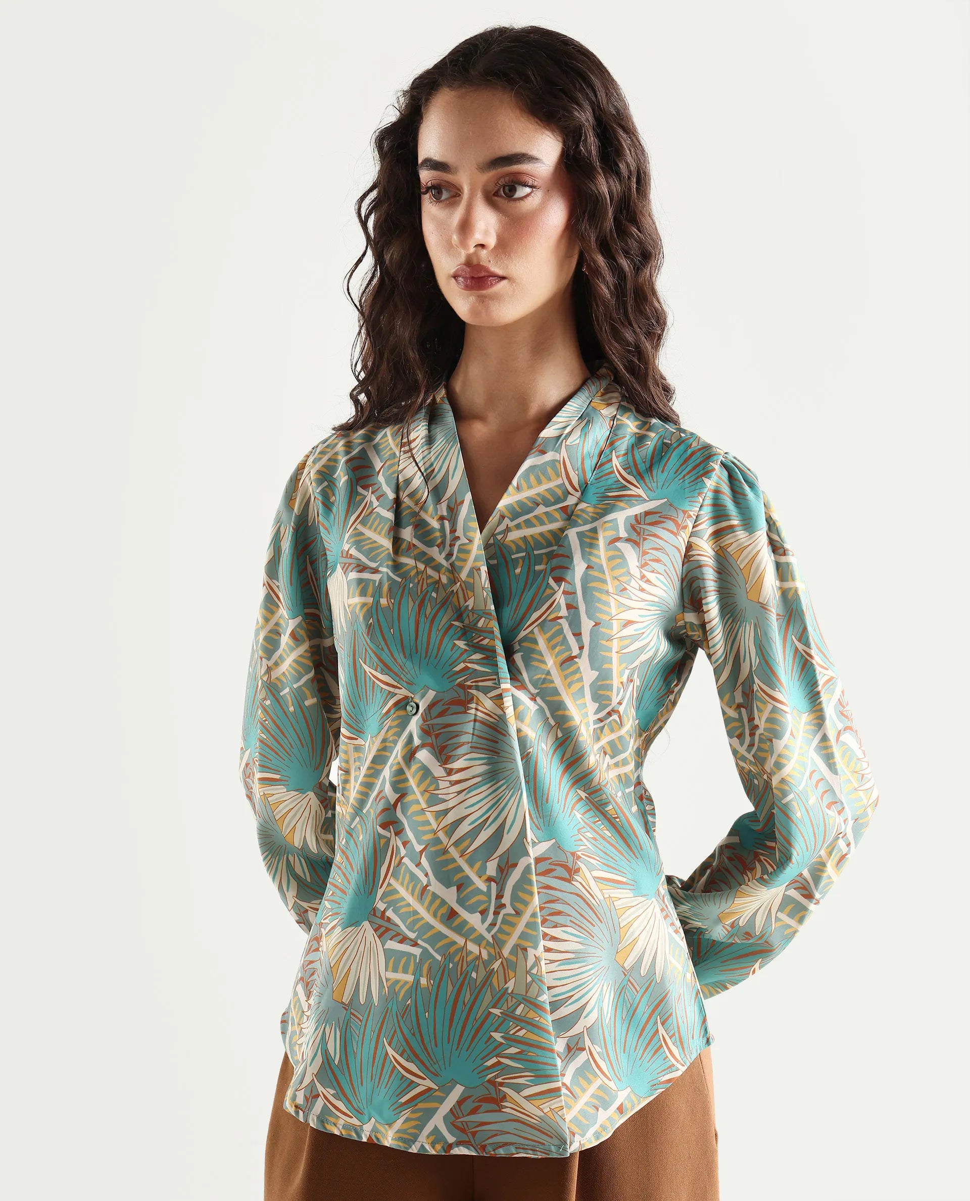 Rareism Women's Alici Blue Nylon Blend Overlap Neck Abstract Print Bishop Sleeve Regular Fit Top