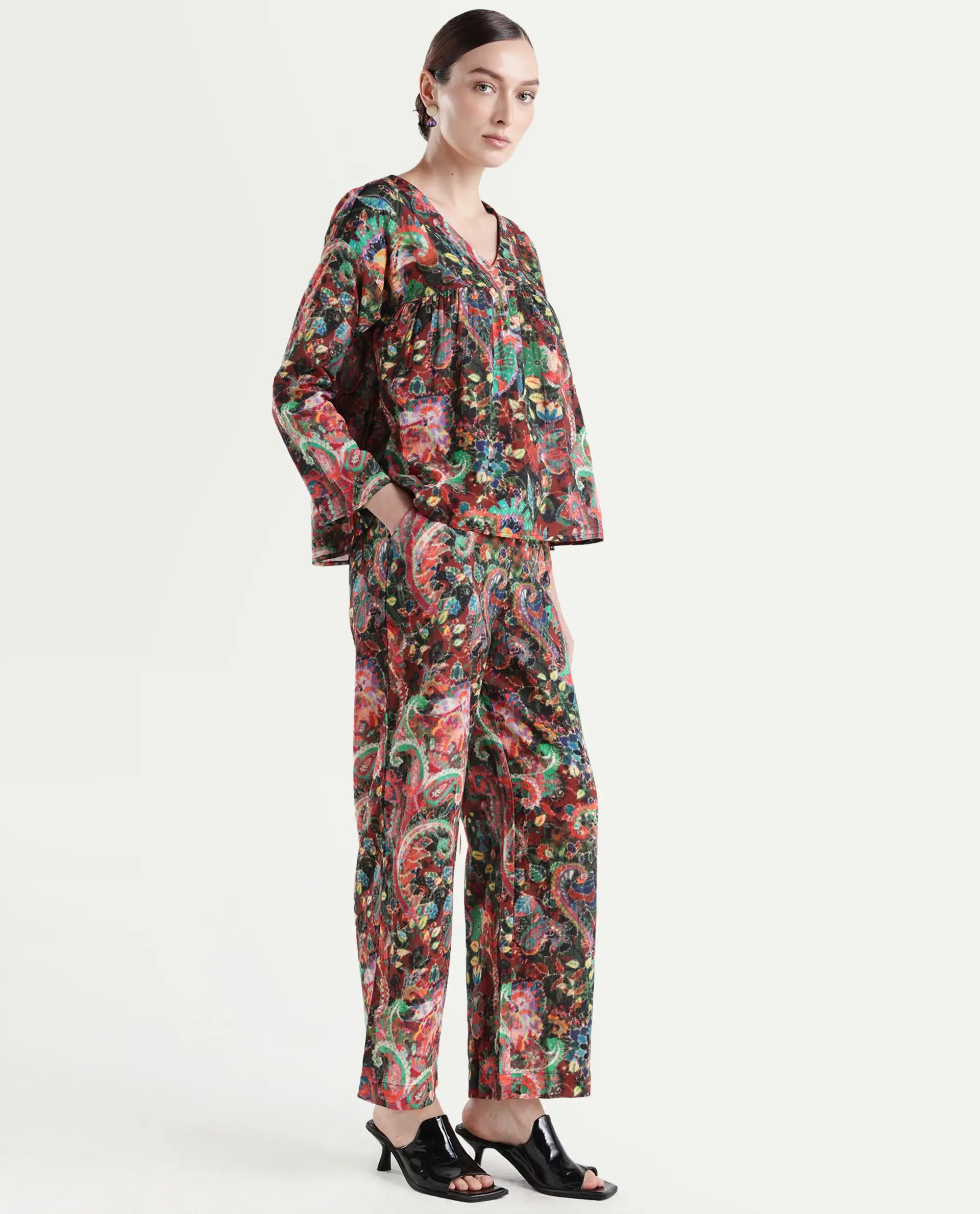 Rareism Women's Rinatao-B Dark Multi Cotton Blend Paisley Print Ankle Length Straight Fit Trouser
