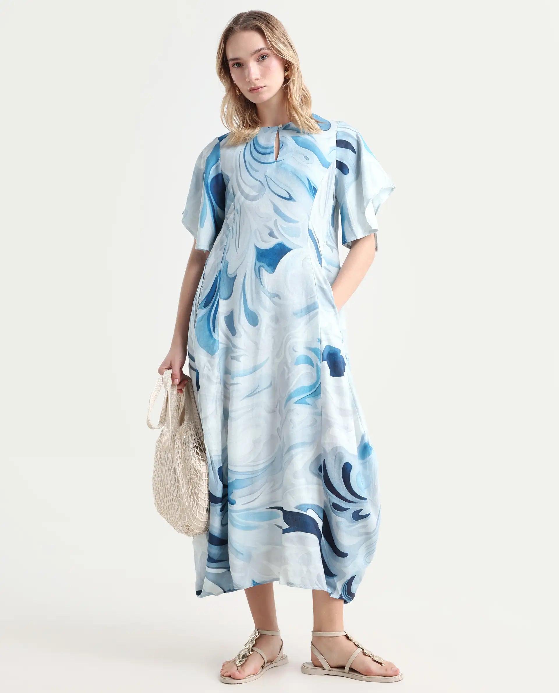 Rareism Women's Pesto Light Blue Viscose Blend V-Neck Abstract Print Midi Balloon Dress
