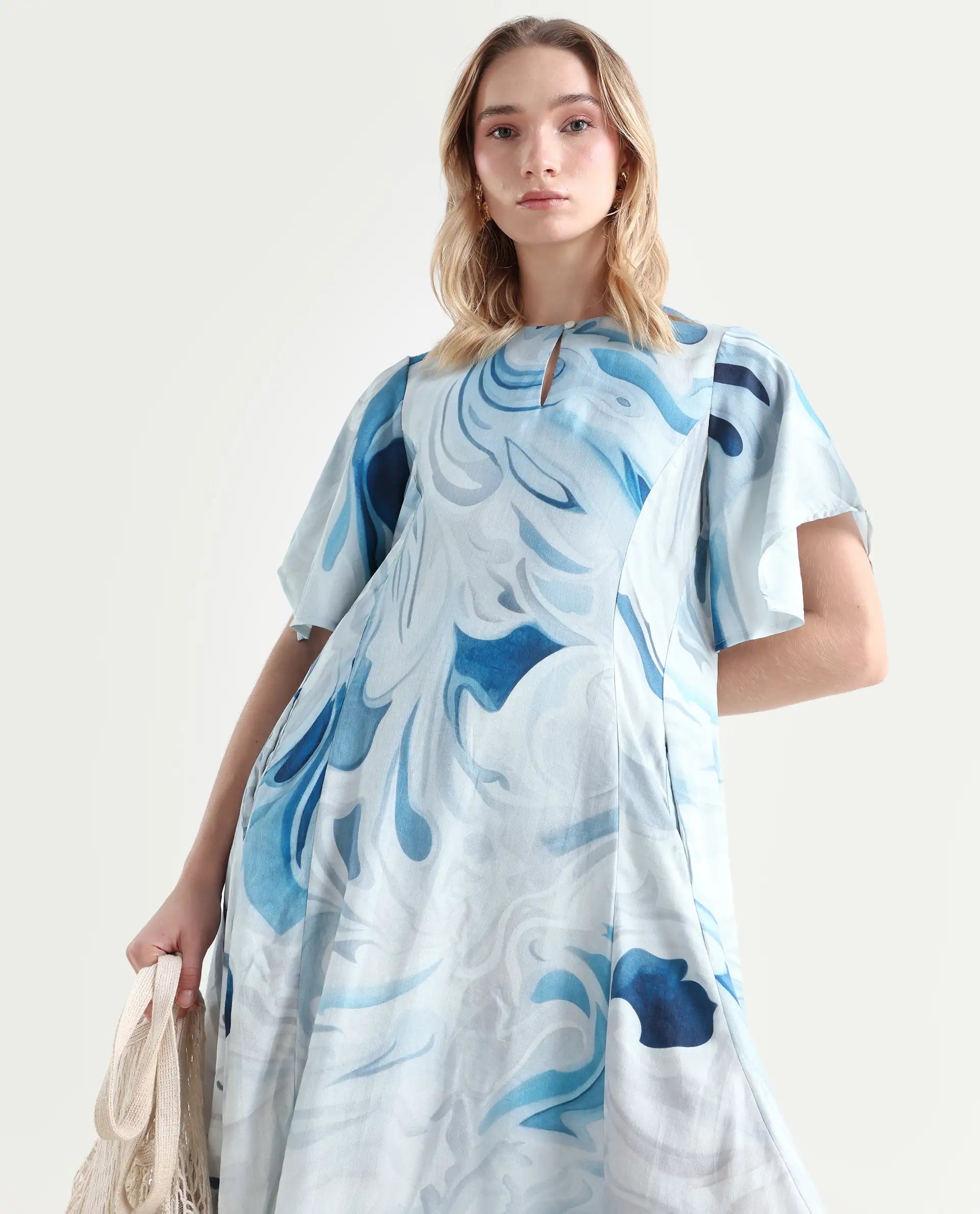 Rareism Women's Pesto Light Blue Viscose Blend V-Neck Abstract Print Midi Balloon Dress