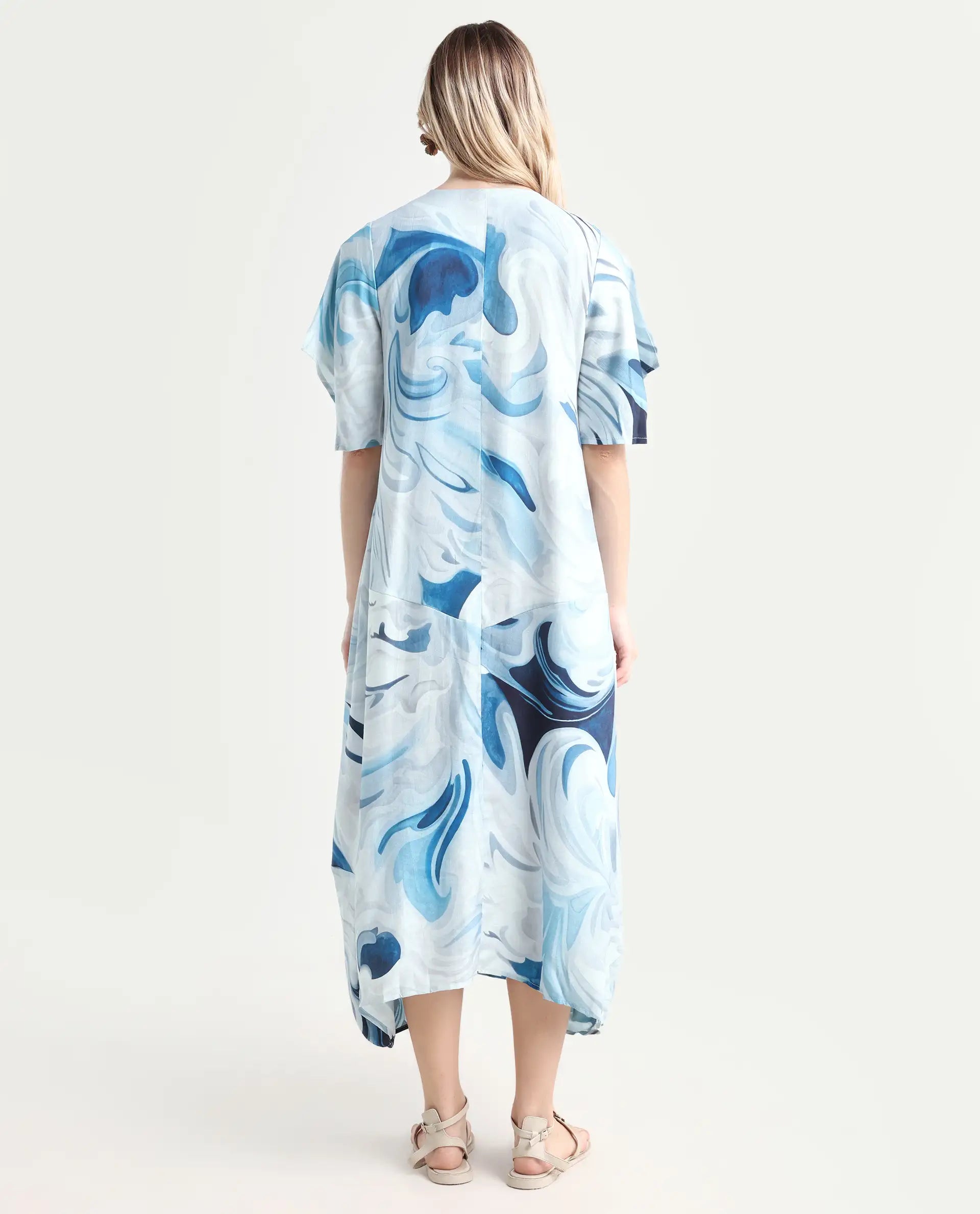Rareism Women's Pesto Light Blue Viscose Blend V-Neck Abstract Print Midi Balloon Dress