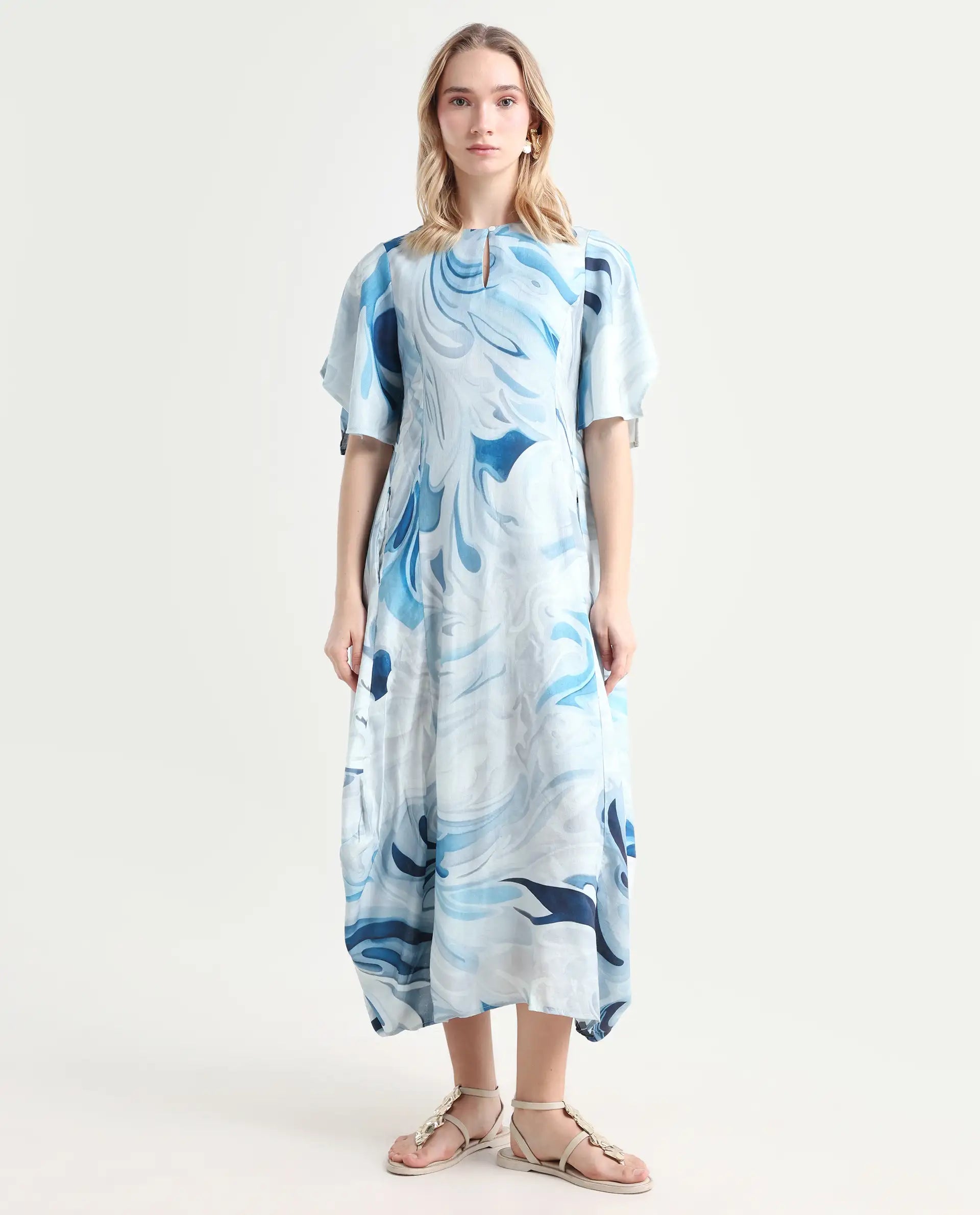 Rareism Women's Pesto Light Blue Viscose Blend V-Neck Abstract Print Midi Balloon Dress