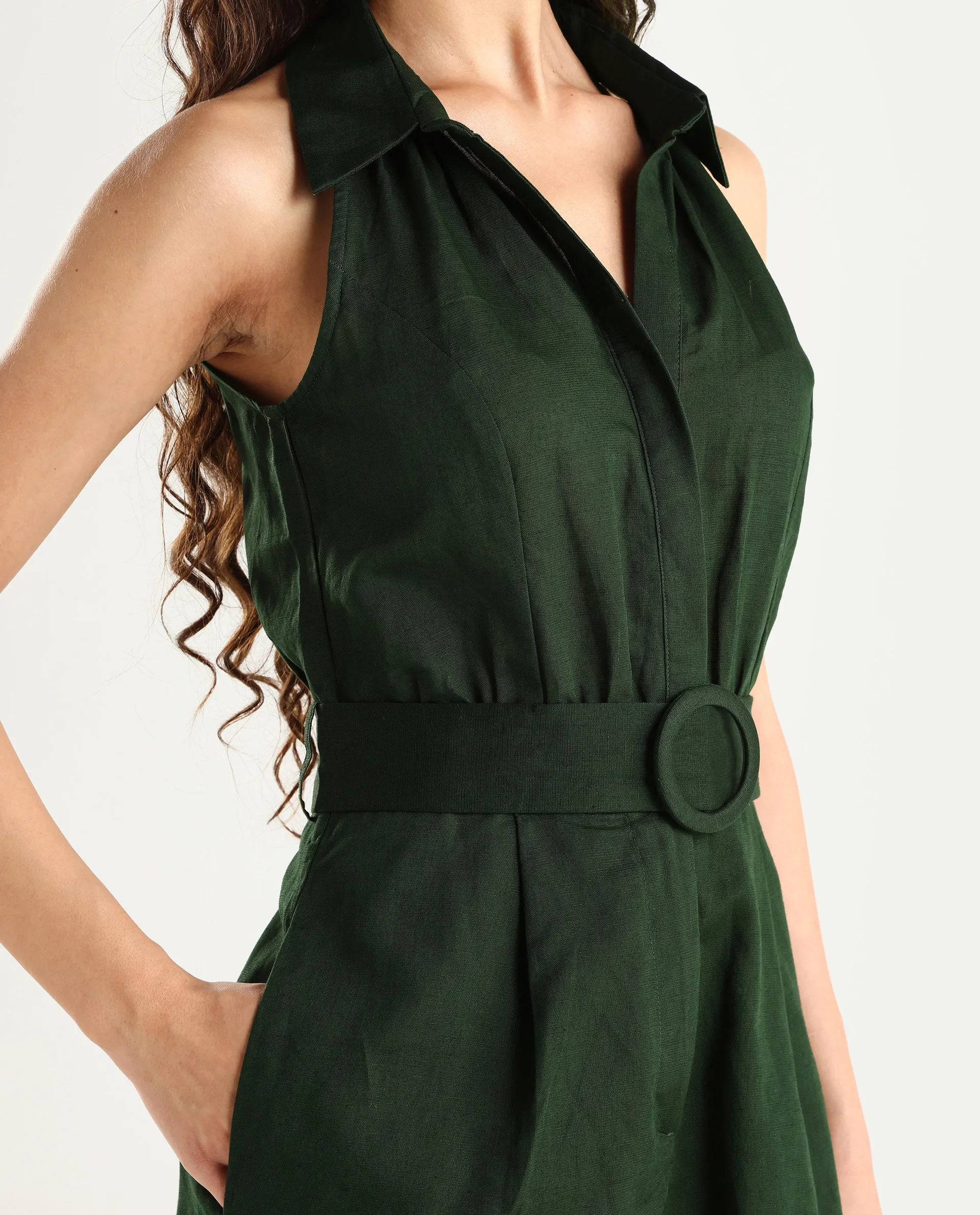 Rareism Women's Messina Light Green Cotton Blend Halter Neck Plain Sleeveless Mini Regular Fit Dress