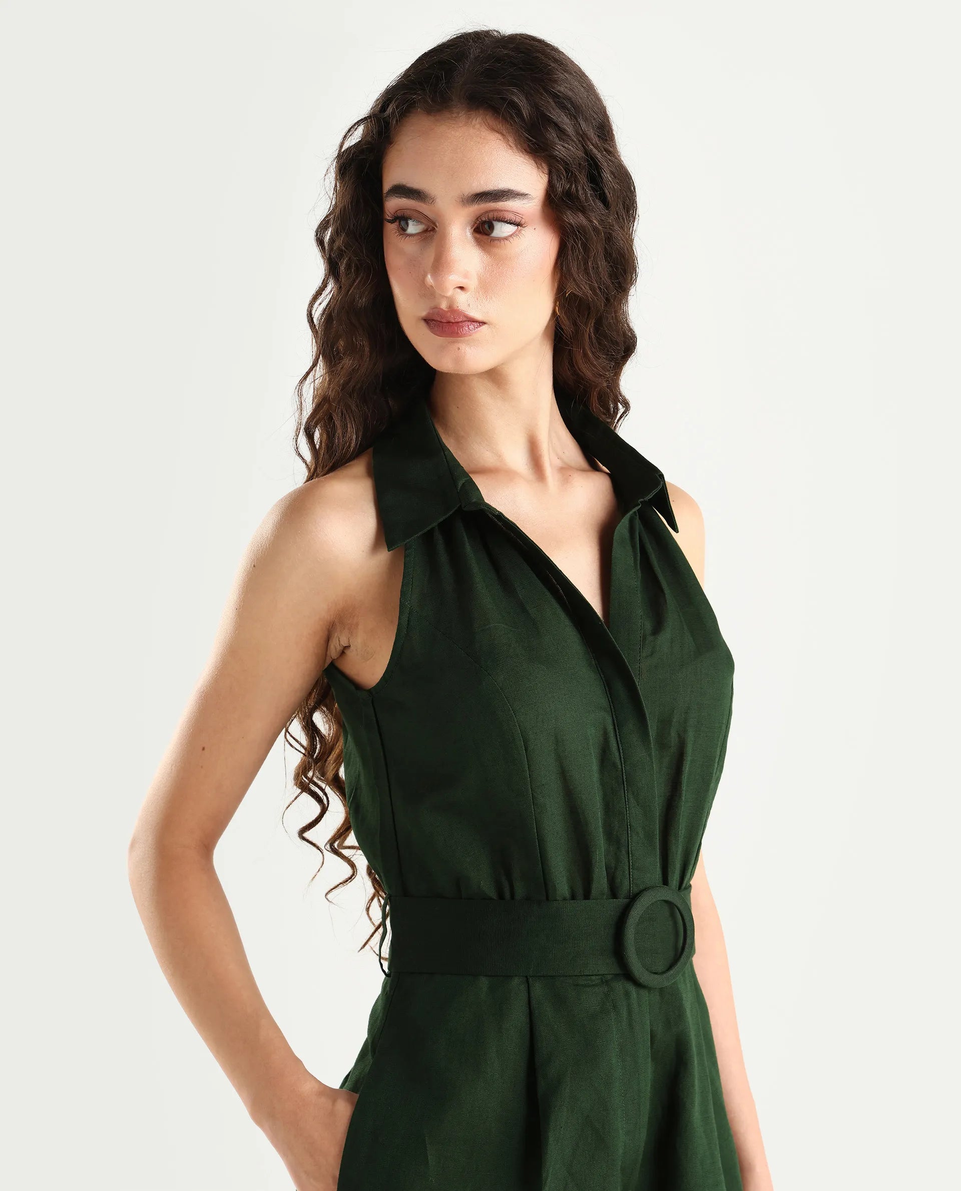 Rareism Women's Messina Light Green Cotton Blend Halter Neck Plain Sleeveless Mini Regular Fit Dress