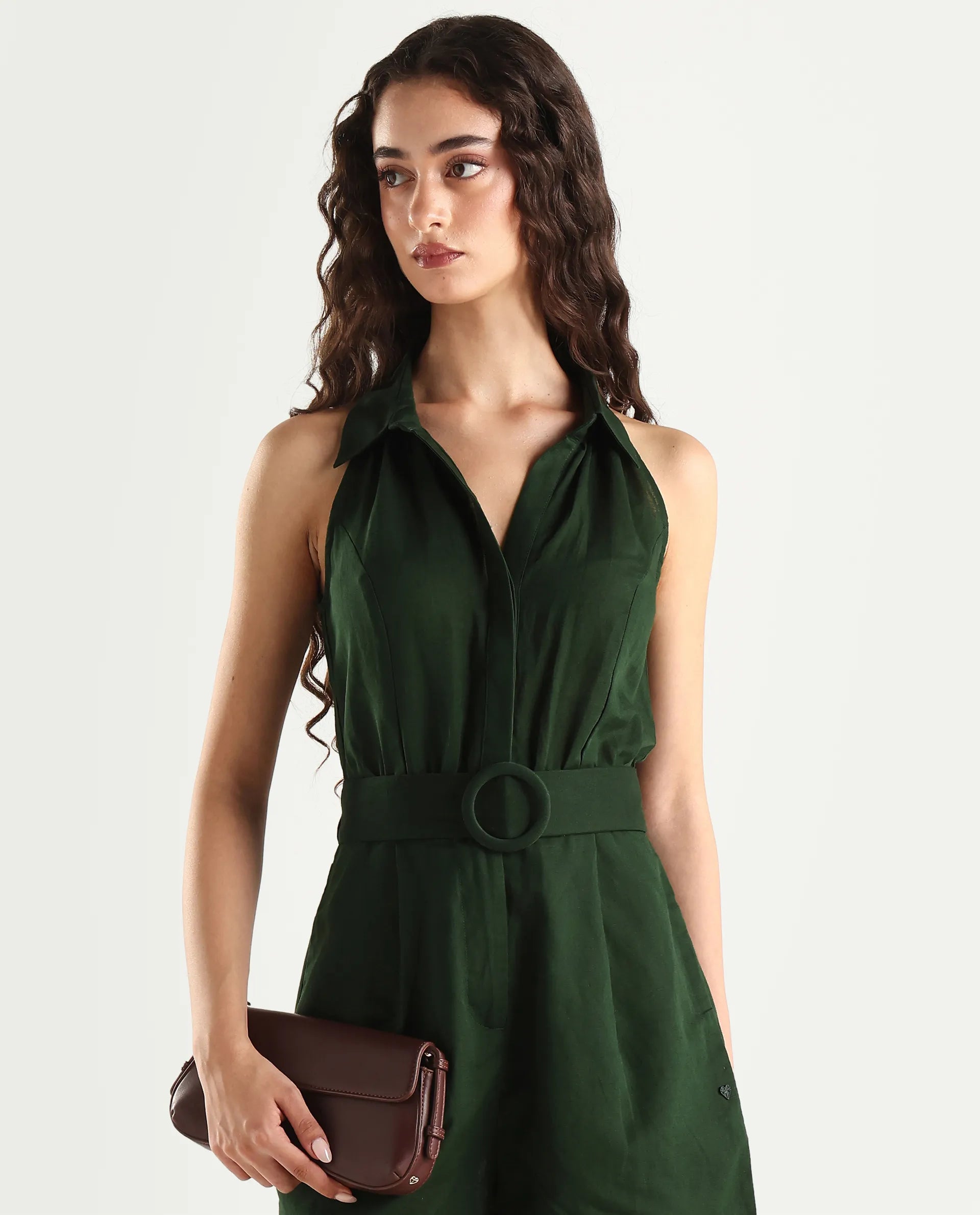 Rareism Women's Messina Light Green Cotton Blend Halter Neck Plain Sleeveless Mini Regular Fit Dress