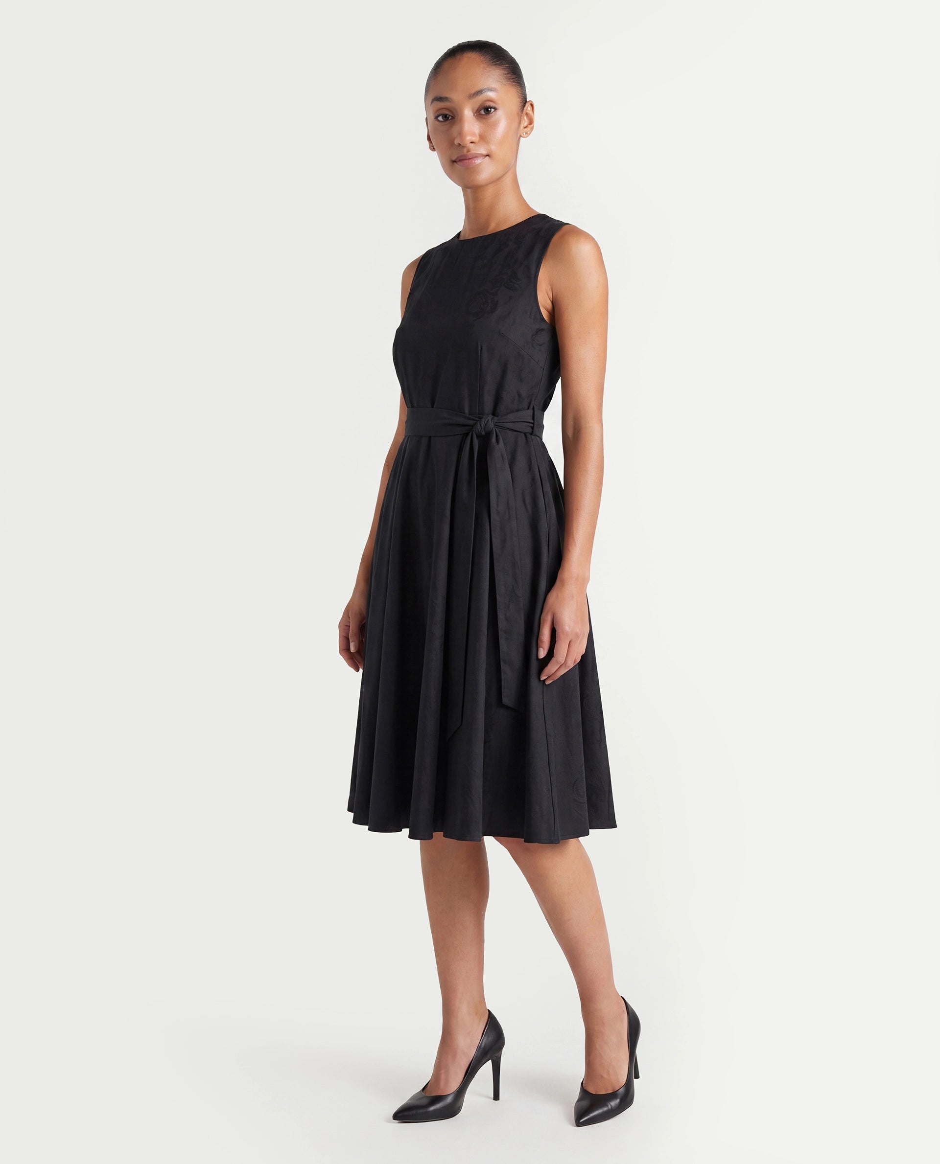 Rareism Women's Mulana Black Polyester Blend Crew Neck Plain Sleeveless Midi Regular Fit Dress