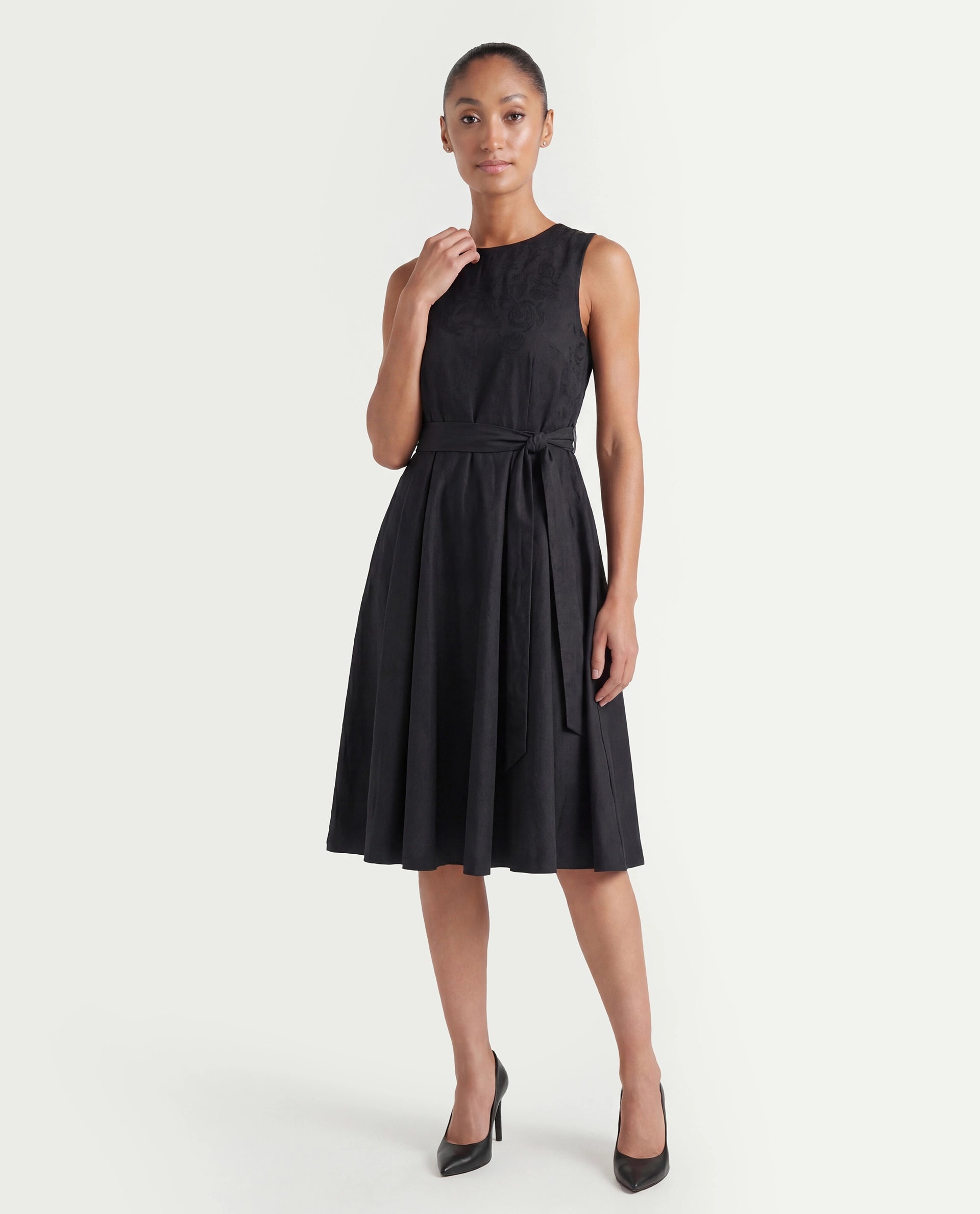 Rareism Women's Mulana Black Polyester Blend Crew Neck Plain Sleeveless Midi Regular Fit Dress