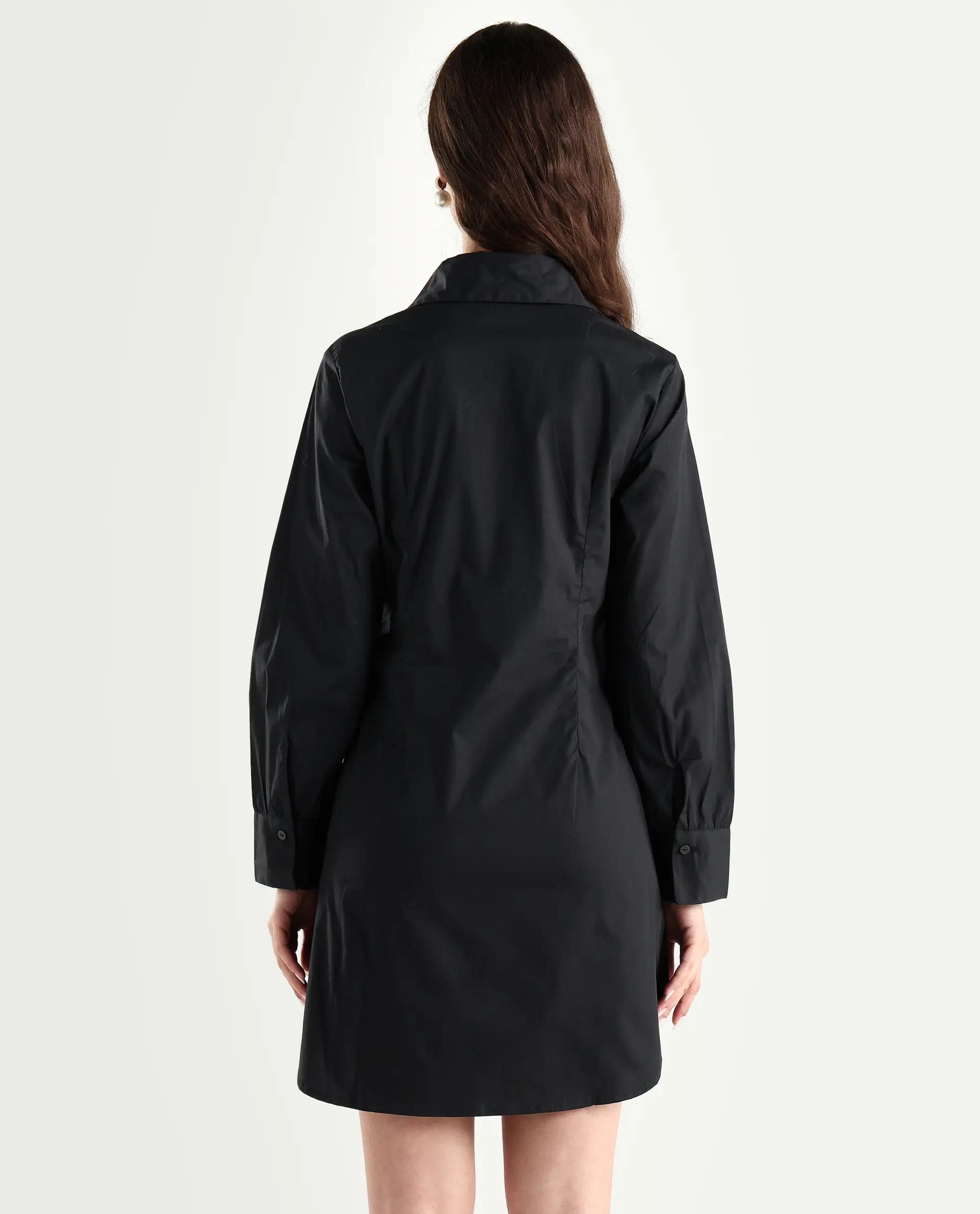 Rareism Women's Sakal Black Cotton Blend Drop Collar Plain Roll-Up Sleeve Mini Regular Fit Dress