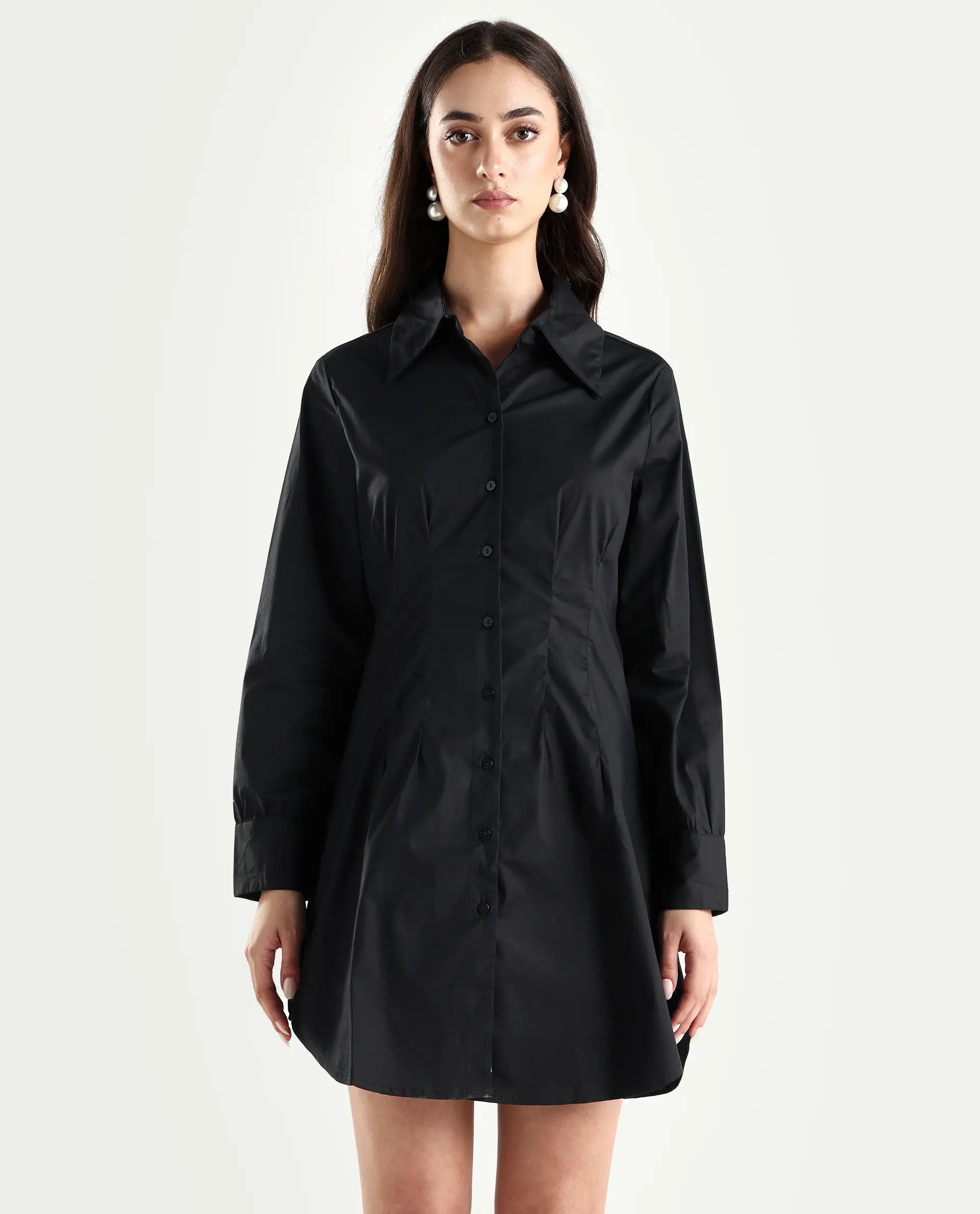 Rareism Women's Sakal Black Cotton Blend Drop Collar Plain Roll-Up Sleeve Mini Regular Fit Dress