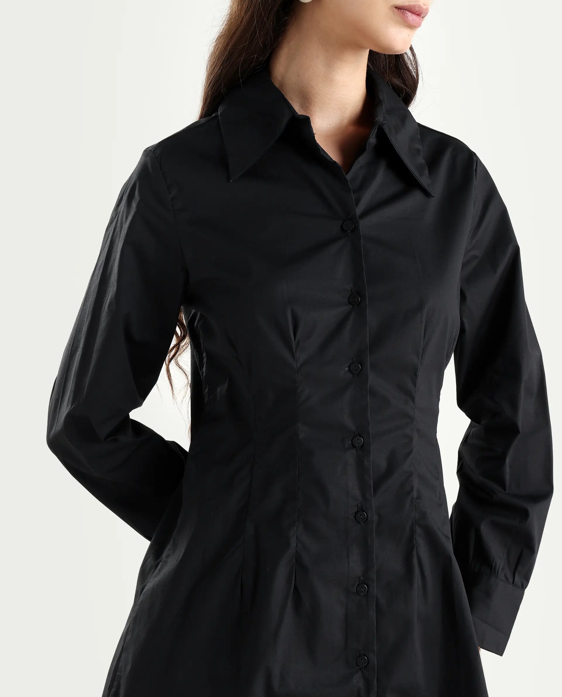 Rareism Women's Sakal Black Cotton Blend Drop Collar Plain Roll-Up Sleeve Mini Regular Fit Dress