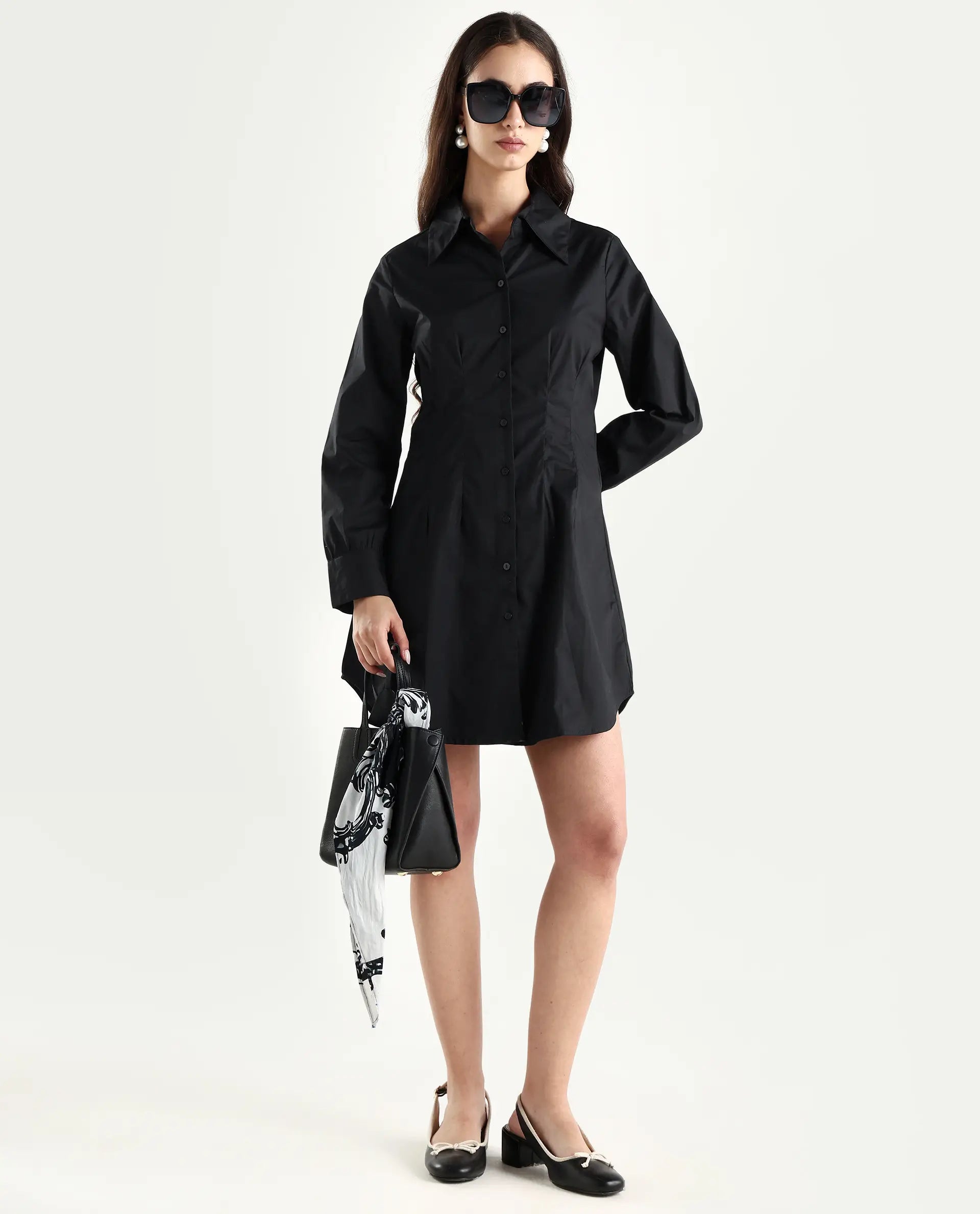 Rareism Women's Sakal Black Cotton Blend Drop Collar Plain Roll-Up Sleeve Mini Regular Fit Dress