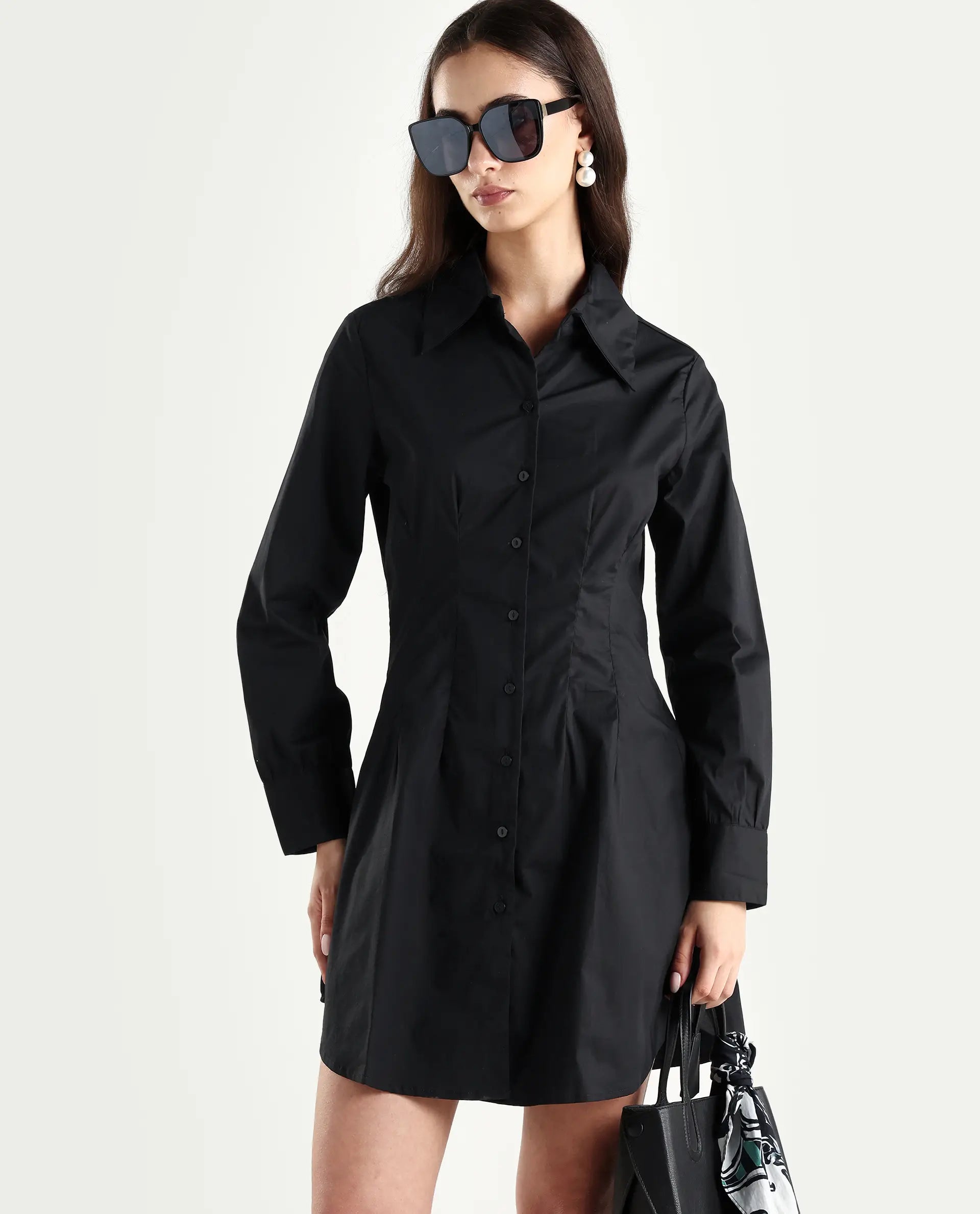 Rareism Women's Sakal Black Cotton Blend Drop Collar Plain Roll-Up Sleeve Mini Regular Fit Dress