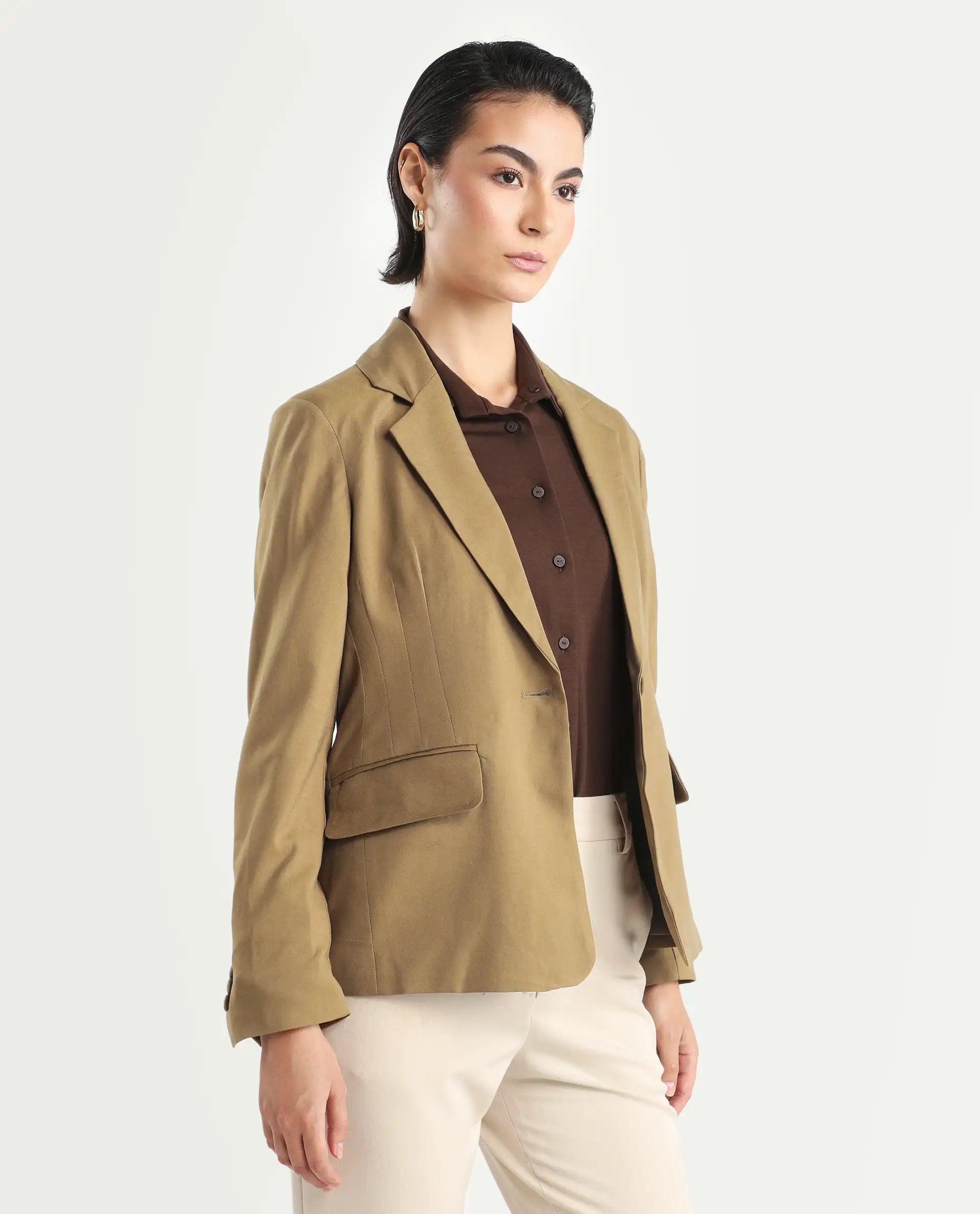 Rareism Women's Sarvi Dark Khaki Polyester Lapel Neck Plain Regular Fit Blazer