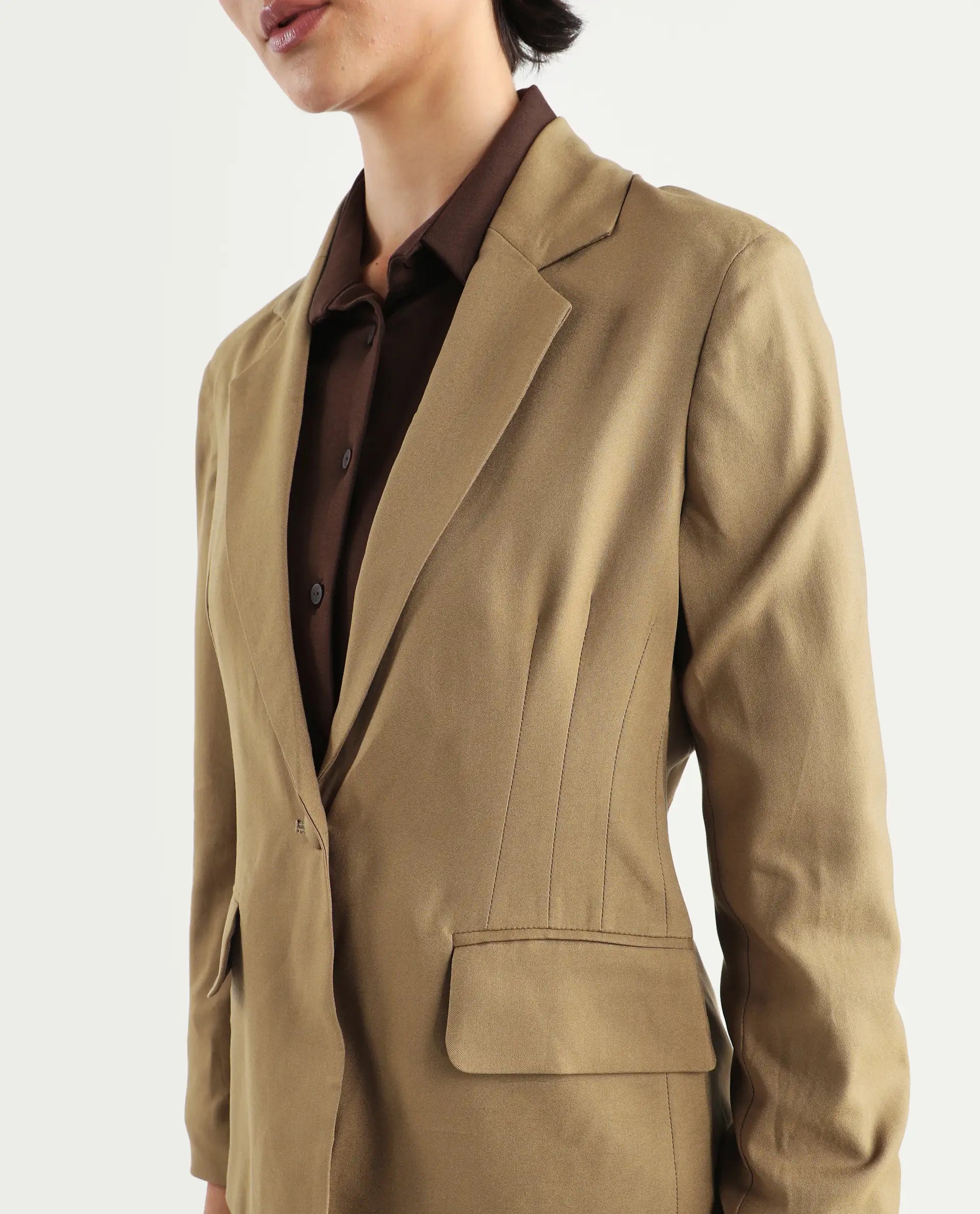 Rareism Women's Sarvi Dark Khaki Polyester Lapel Neck Plain Regular Fit Blazer