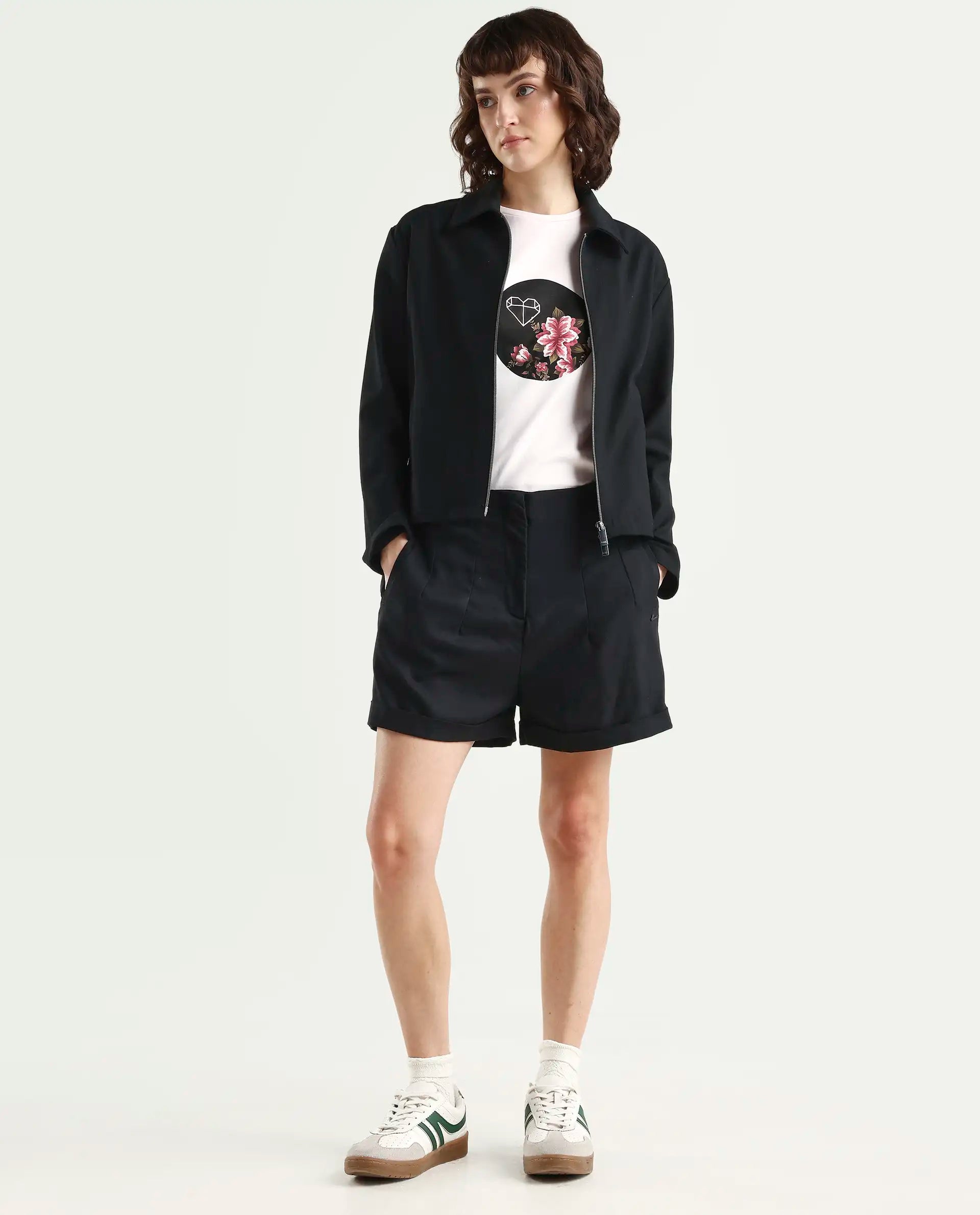 Rareism Women's Maslin Black Polyester Plain Mini Regular Fit Shorts