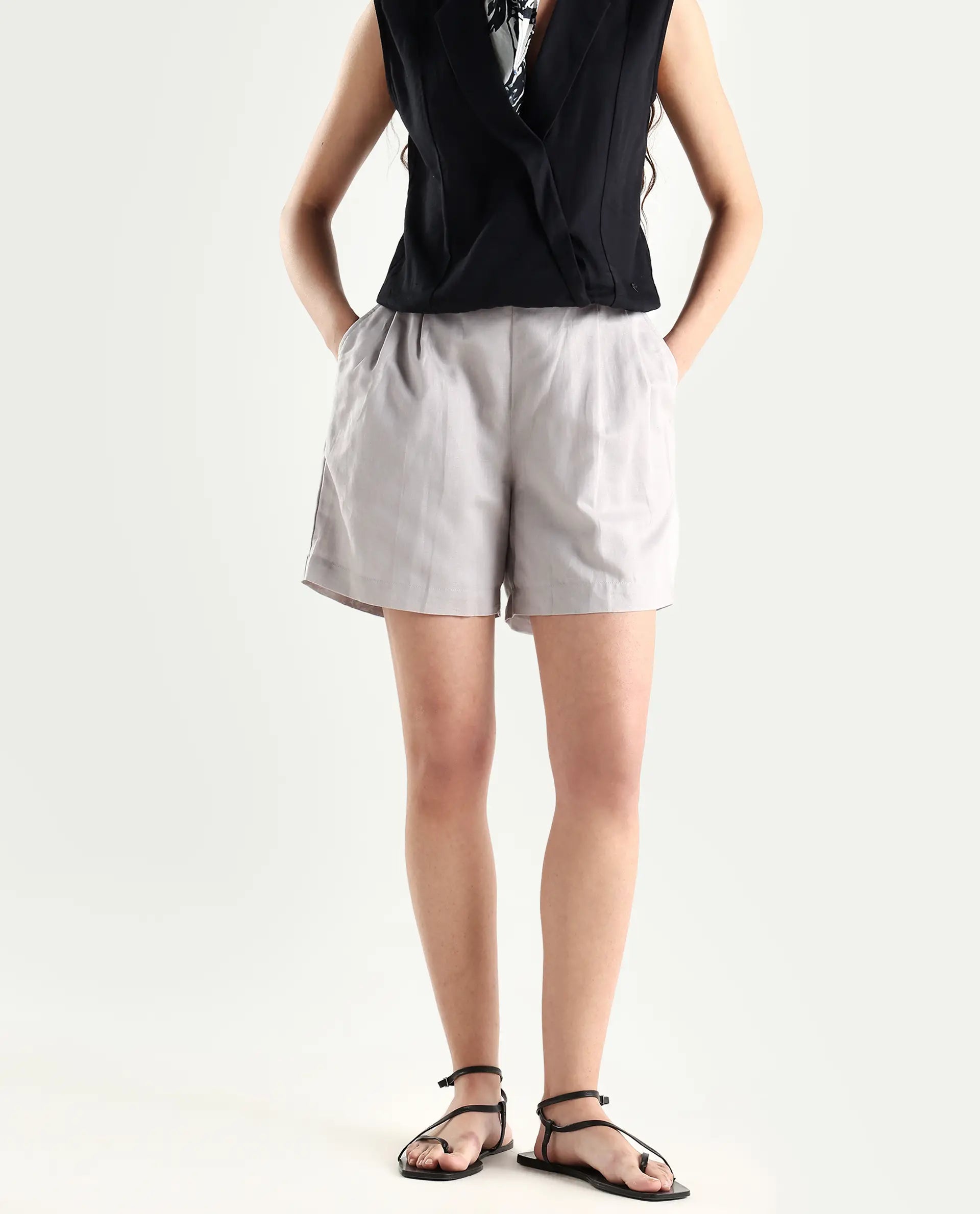 Rareism Women's Hola Grey Cotton Blend Plain Mini Regular Fit Shorts